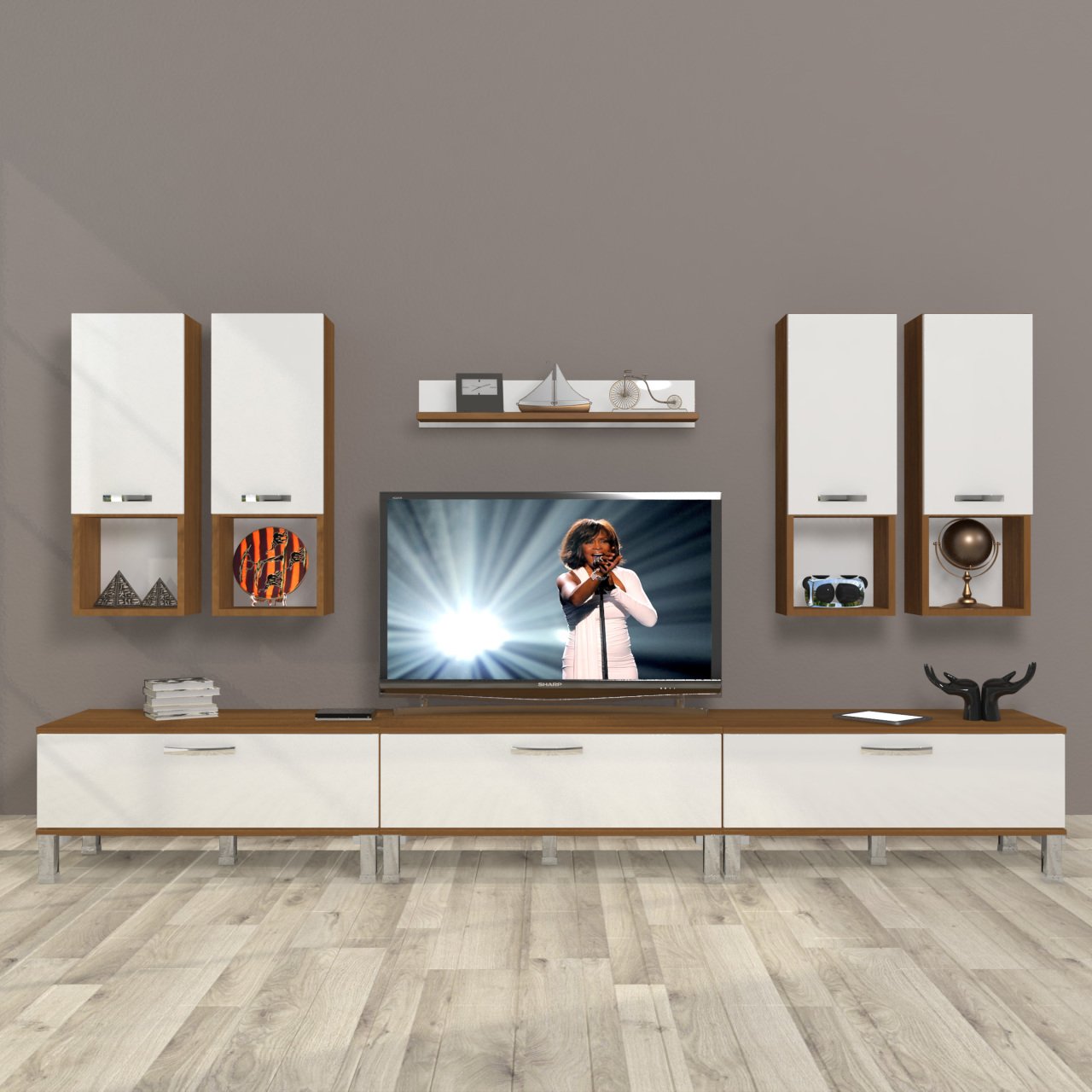 Decoraktiv Eko 8DA Mdf Krom Ayaklı Tv Ünitesi Tv Sehpası Ceviz - Beyaz