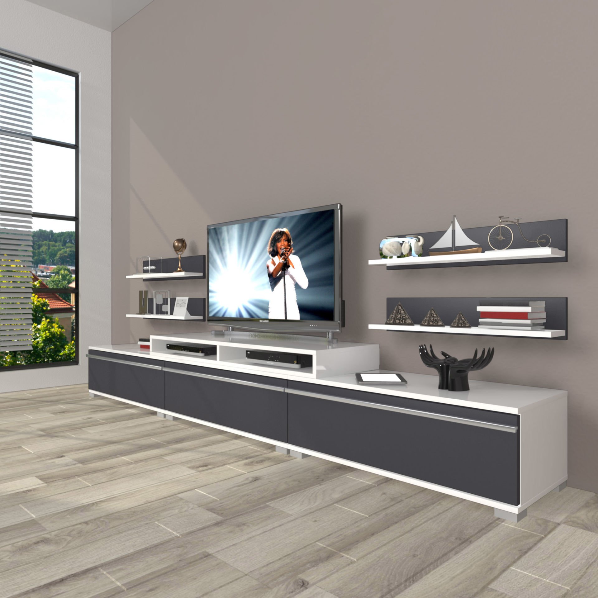 Decoraktiv Ekoflex 270r Mdf Tv Ünitesi Tv Sehpası Beyaz - Antrasit