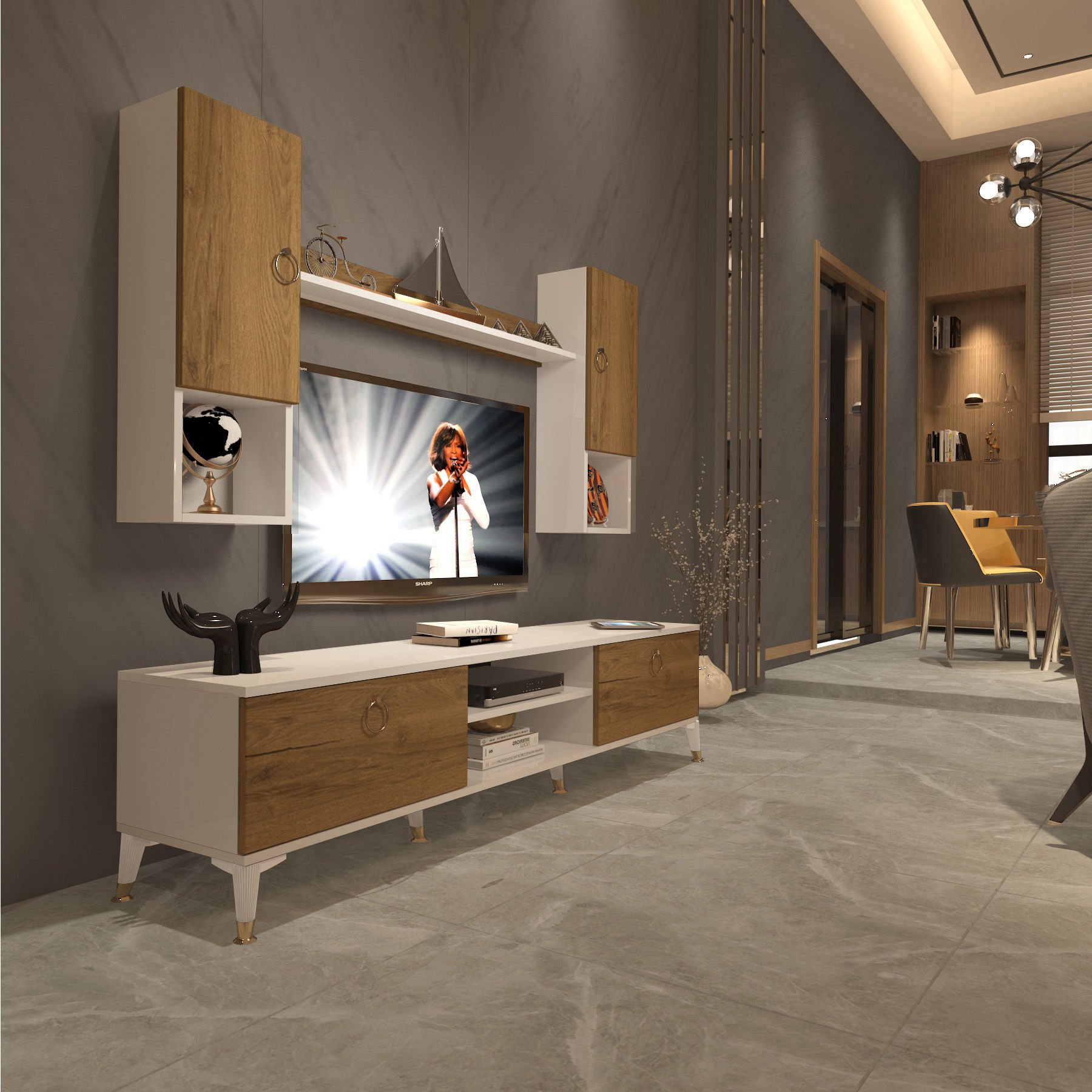 Decoraktiv Eko 5DA Mdf Dvd Gold Tv Ünitesi Tv Sehpası Beyaz - Pera