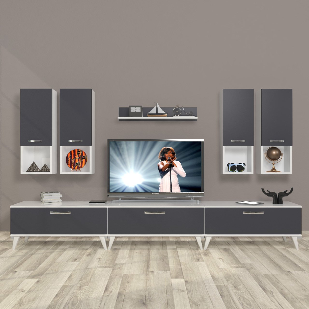 Decoraktiv Eko 8DA Mdf Retro Tv Ünitesi Tv Sehpası Beyaz - Antrasit
