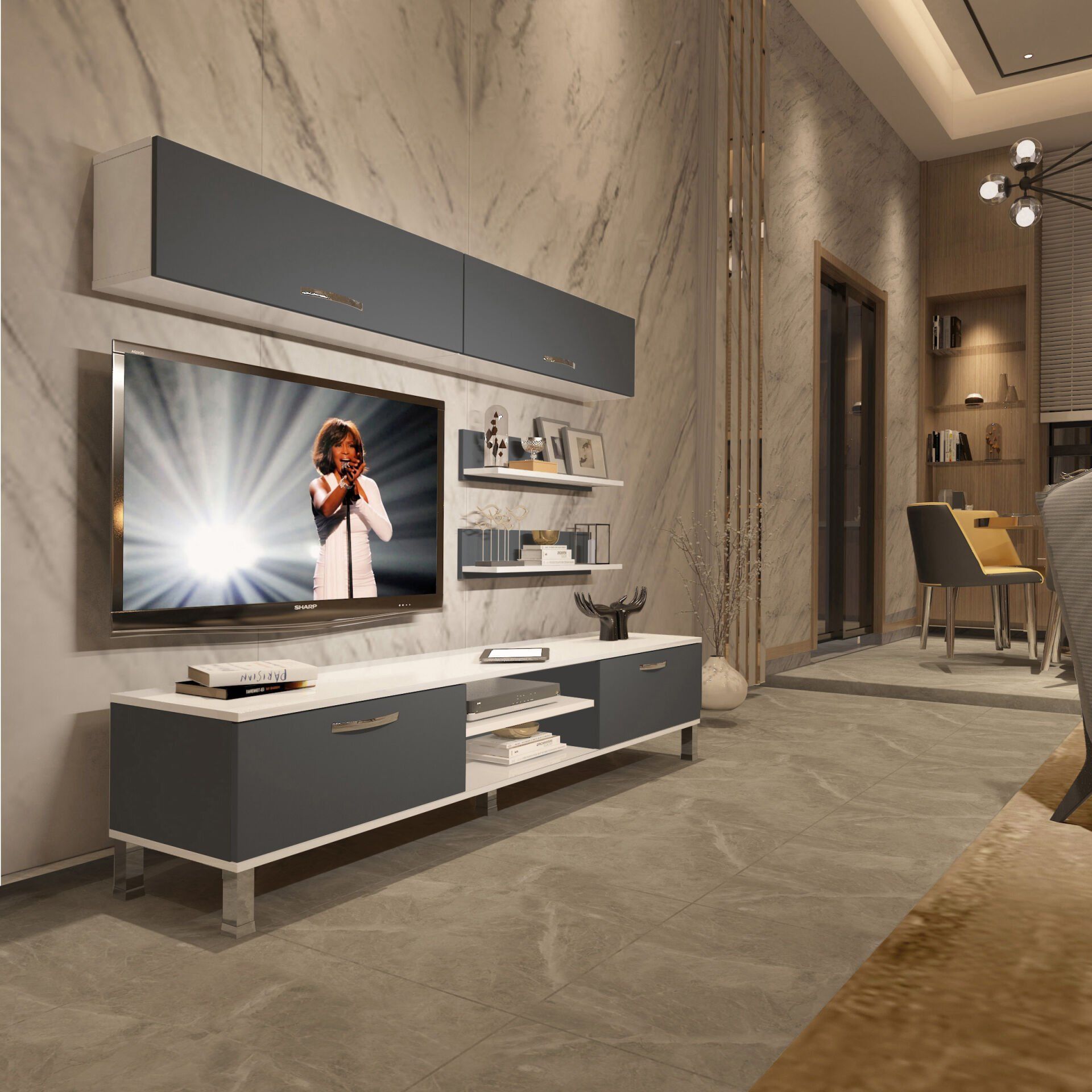 Decoraktiv Eko 5 Mdf Dvd Krom Ayaklı Tv Ünitesi Tv Sehpası Beyaz - Antrasit