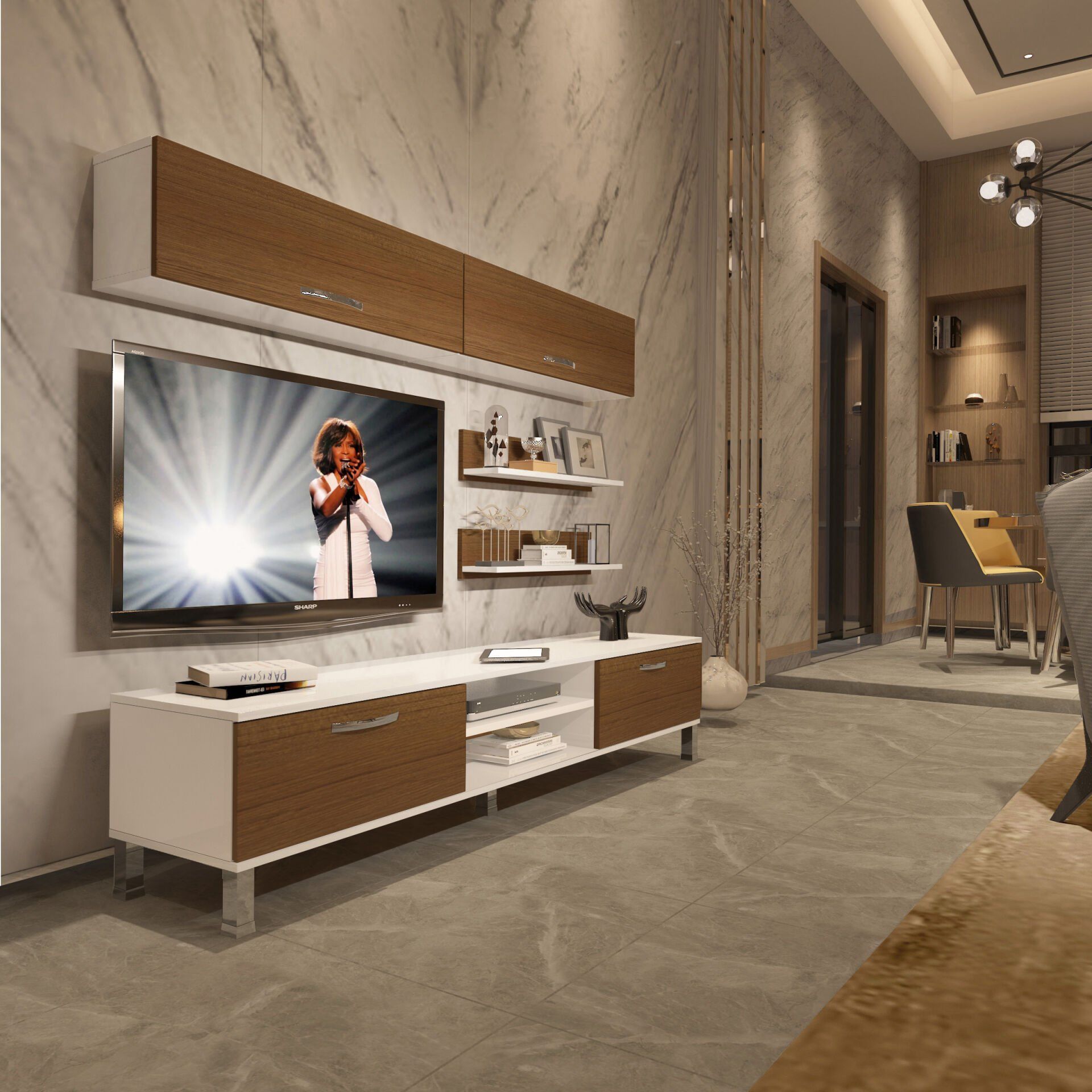 Decoraktiv Eko 5 Mdf Dvd Krom Ayaklı Tv Ünitesi Tv Sehpası Beyaz - Ceviz