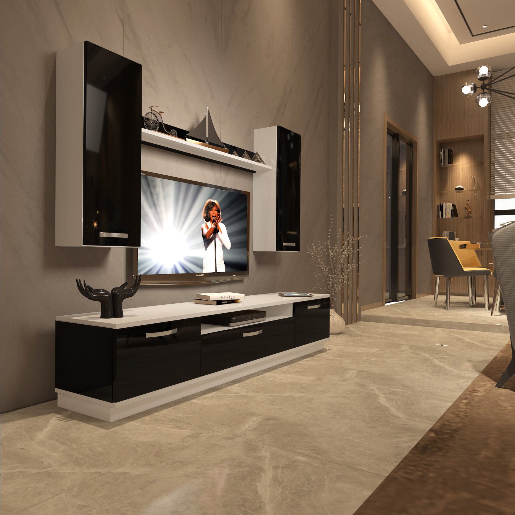 Decoraktiv Trio 5D Mdf Tv Ünitesi Tv Sehpası Beyaz - Siyah