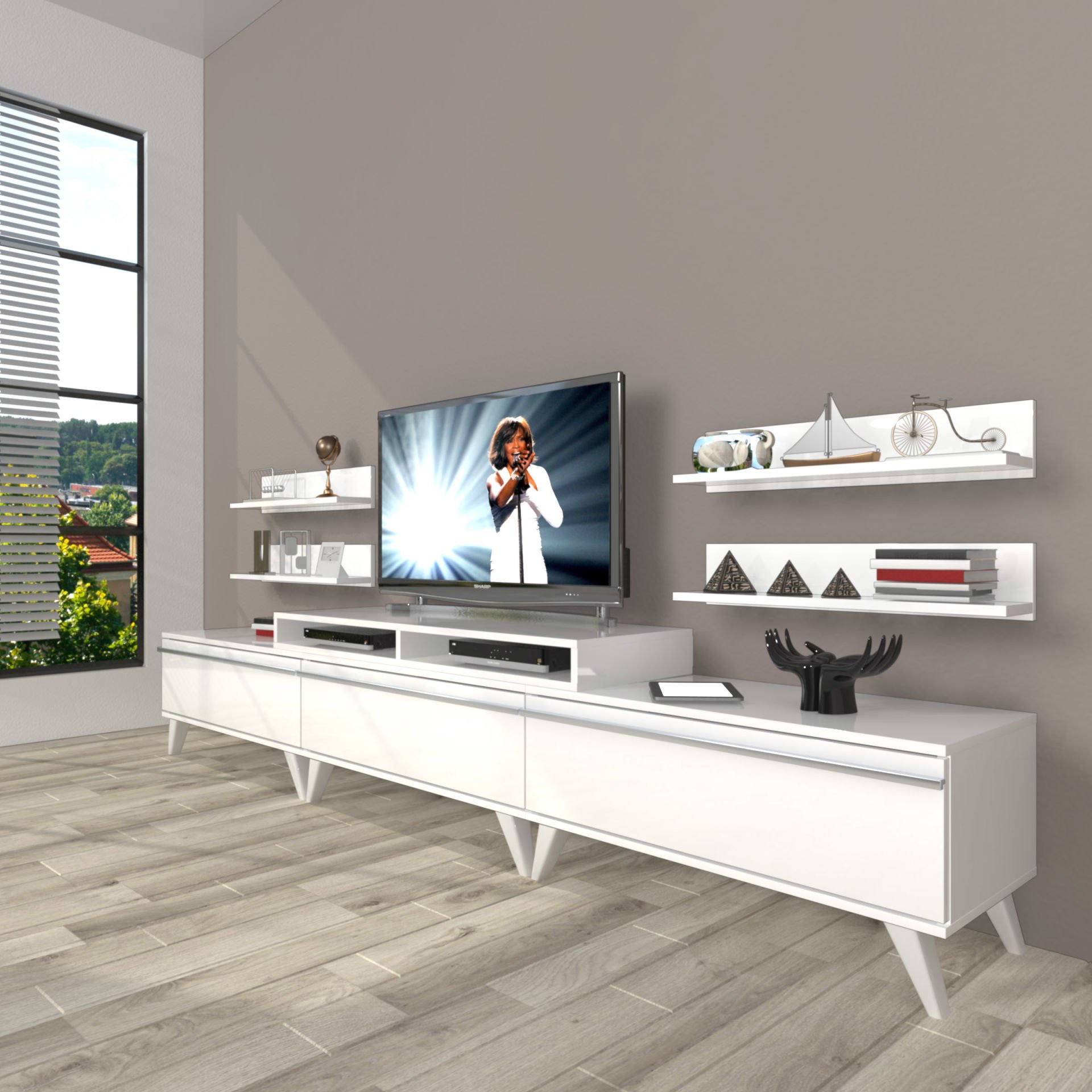 Decoraktiv Ekoflex 270r Mdf Retro Tv Ünitesi Tv Sehpası Parlak Beyaz