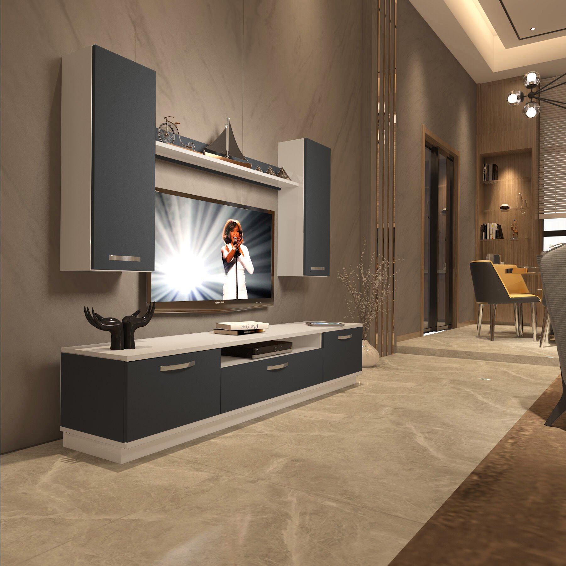 Decoraktiv Trio 5D Mdf Tv Ünitesi Tv Sehpası Beyaz - Antrasit
