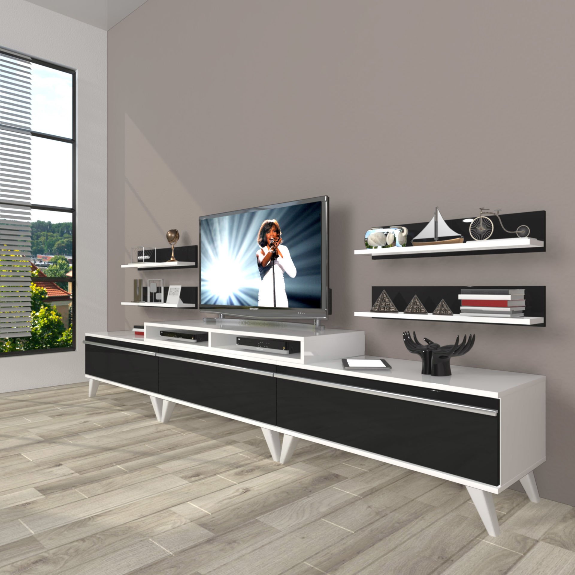 Decoraktiv Ekoflex 270r Mdf Retro Tv Ünitesi Tv Sehpası Beyaz - Siyah