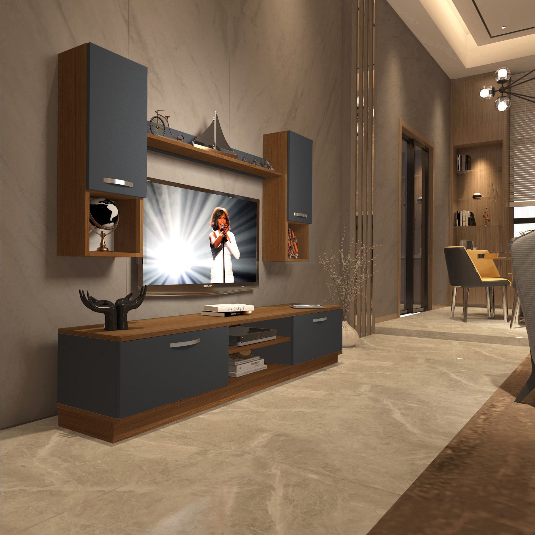 Decoraktiv Eko 5DAB Mdf Dvd Tv Ünitesi Tv Sehpası Ceviz - Antrasit