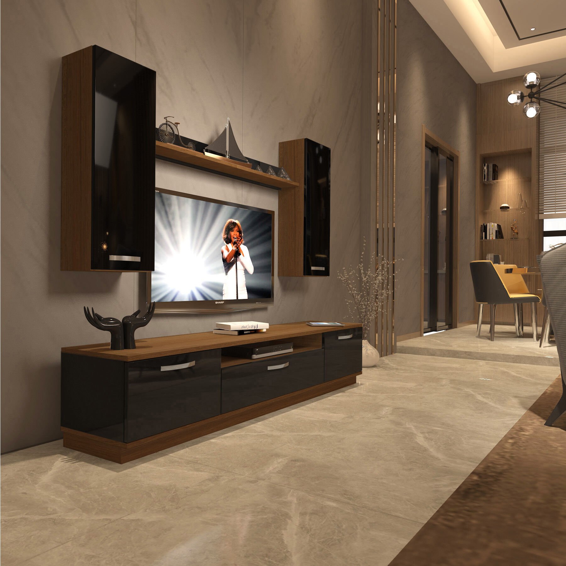 Decoraktiv Trio 5D Mdf Tv Ünitesi Tv Sehpası Ceviz - Siyah