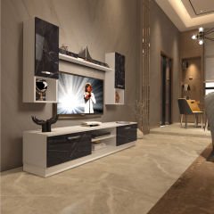 Decoraktiv Eko 5DAB Mdf Dvd Tv Ünitesi Tv Sehpası Beyaz - Siyah Mermer