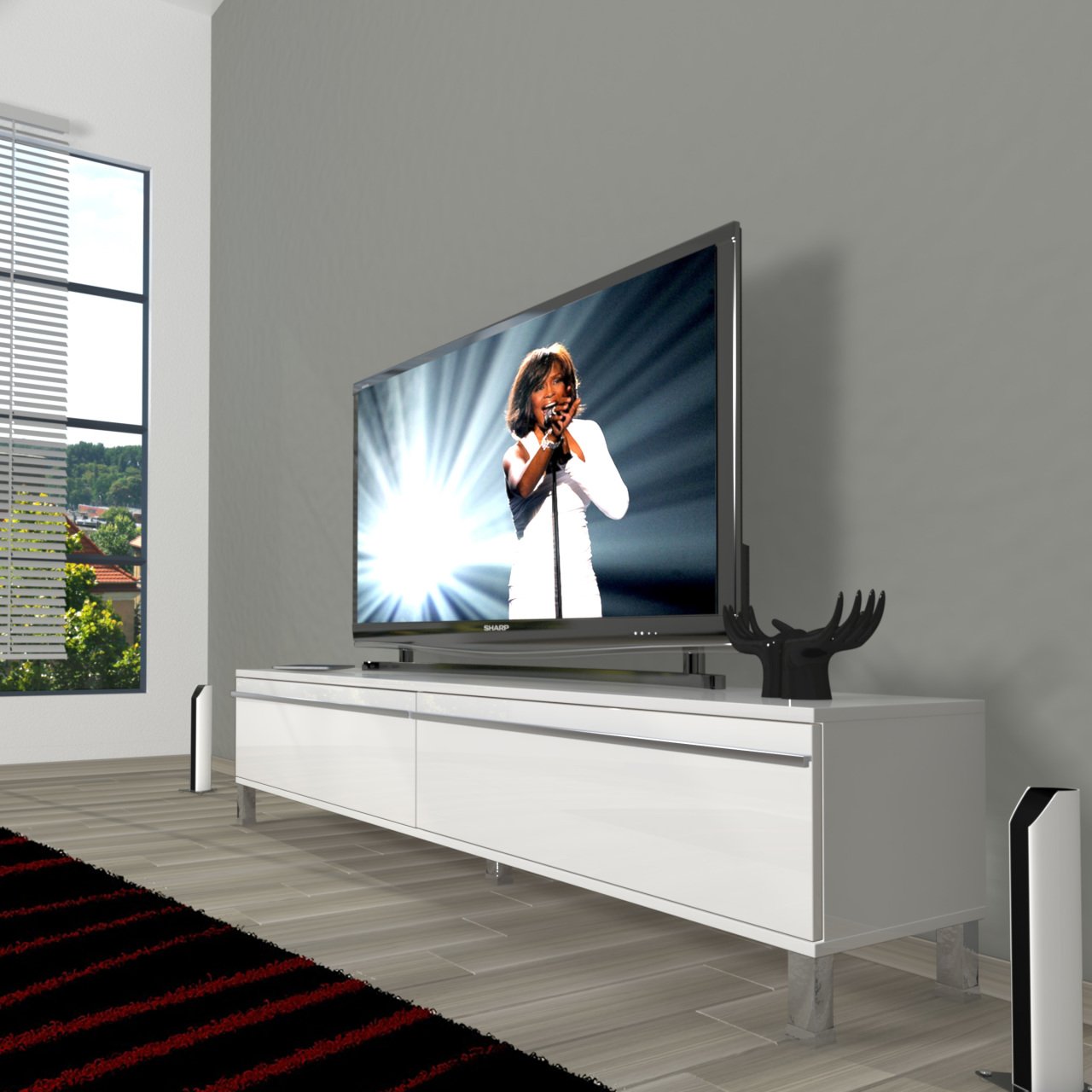 Decoraktiv Eko 140T Mdf Krom Ayaklı Tv Ünitesi Tv Sehpası Parlak Beyaz