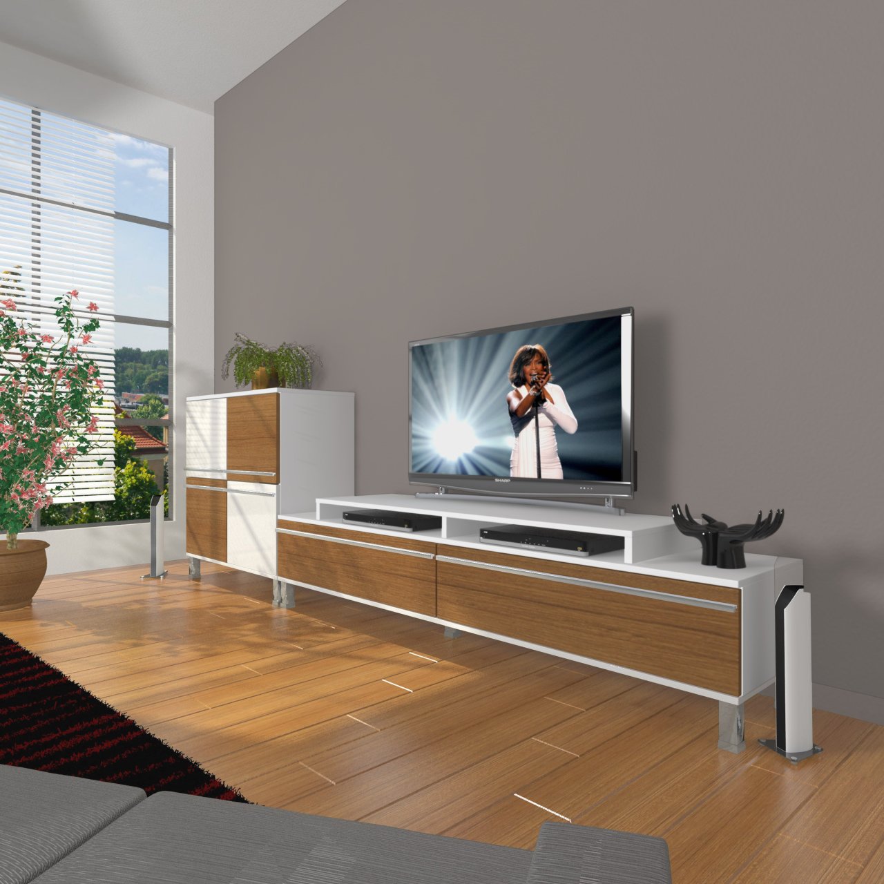Decoraktiv Ekoflex On Mdf Krom Ayaklı Tv Ünitesi Tv Sehpası Beyaz - Ceviz
