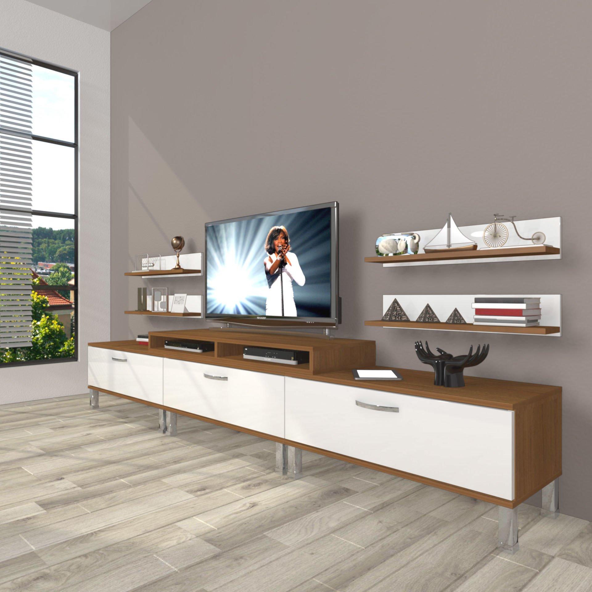 Decoraktiv Ekoflex 270r Slm Krom Ayaklı Tv Ünitesi Tv Sehpası Ceviz - Beyaz