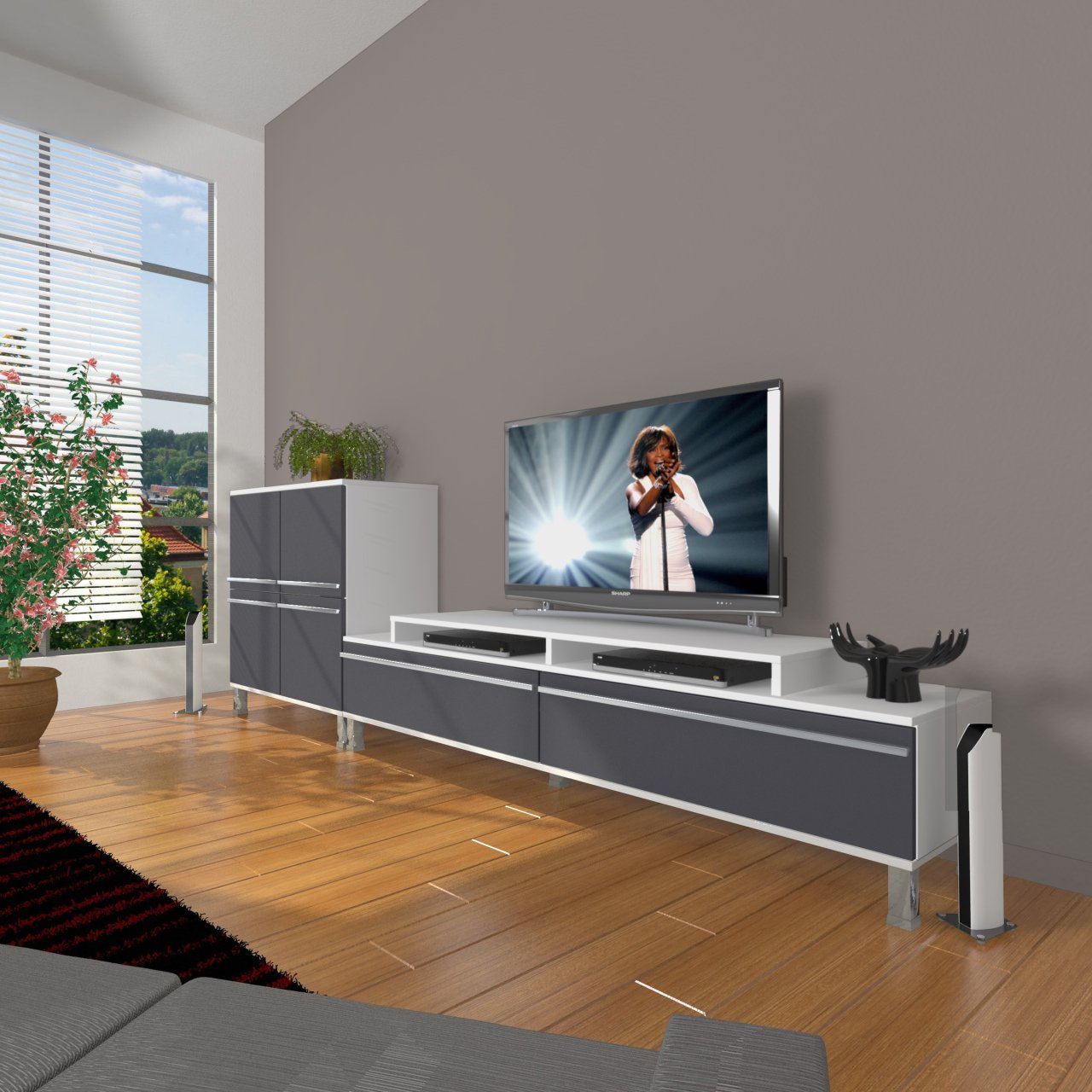 Decoraktiv Ekoflex On Mdf Krom Ayaklı Tv Ünitesi Tv Sehpası Beyaz - Antrasit