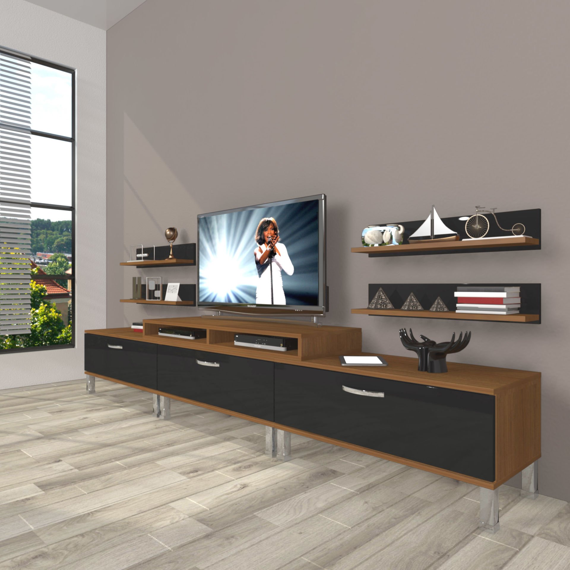 Decoraktiv Ekoflex 270r Slm Krom Ayaklı Tv Ünitesi Tv Sehpası Ceviz - Siyah