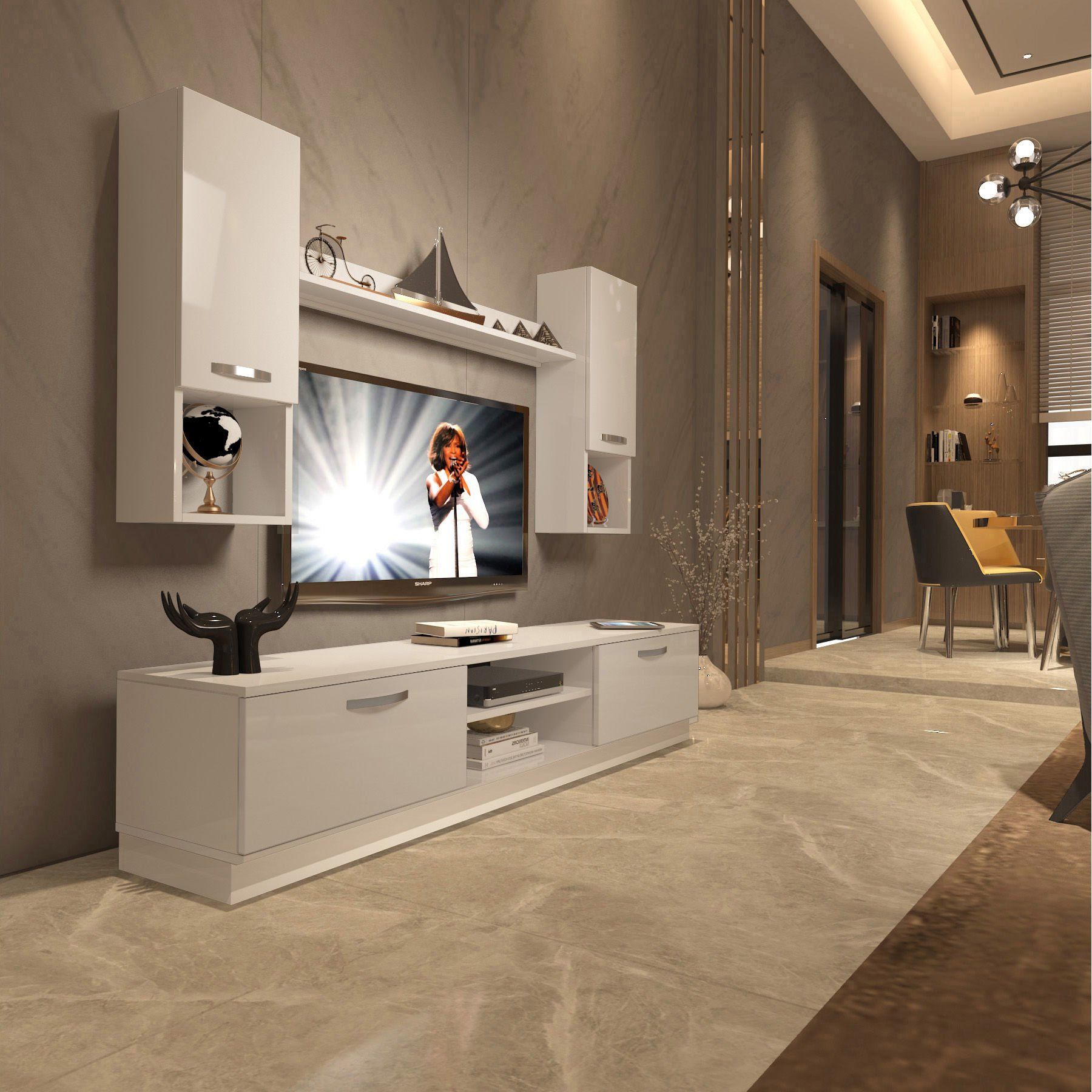 Decoraktiv Eko 5DAB Slm Dvd Tv Ünitesi Tv Sehpası Parlak Beyaz
