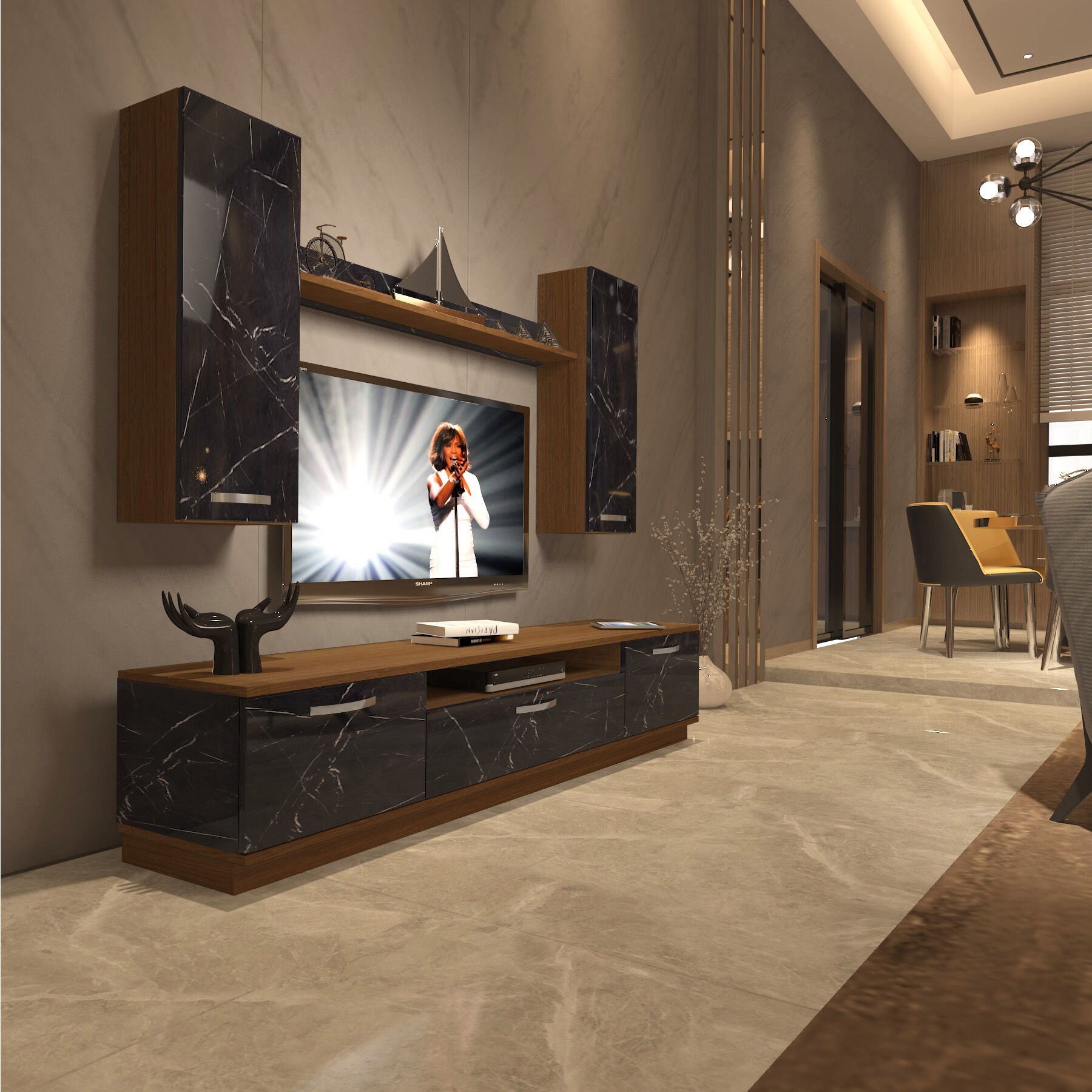 Decoraktiv Trio 5D Mdf Tv Ünitesi Tv Sehpası Ceviz - Siyah Mermer