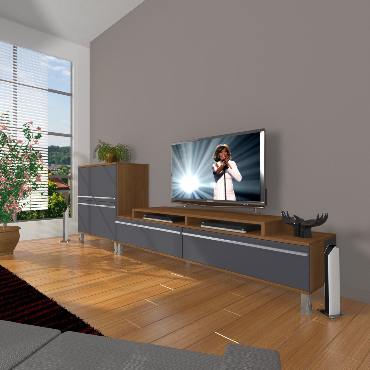 Decoraktiv Ekoflex On Mdf Krom Ayaklı Tv Ünitesi Tv Sehpası Ceviz - Antrasit