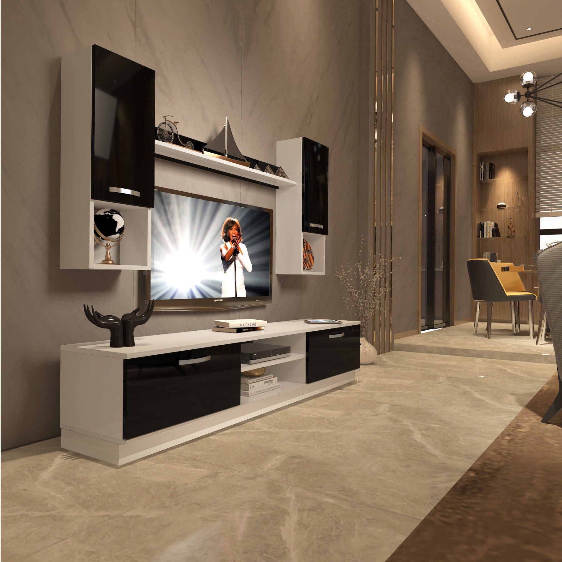 Decoraktiv Eko 5DAB Slm Dvd Tv Ünitesi Tv Sehpası Beyaz - Siyah