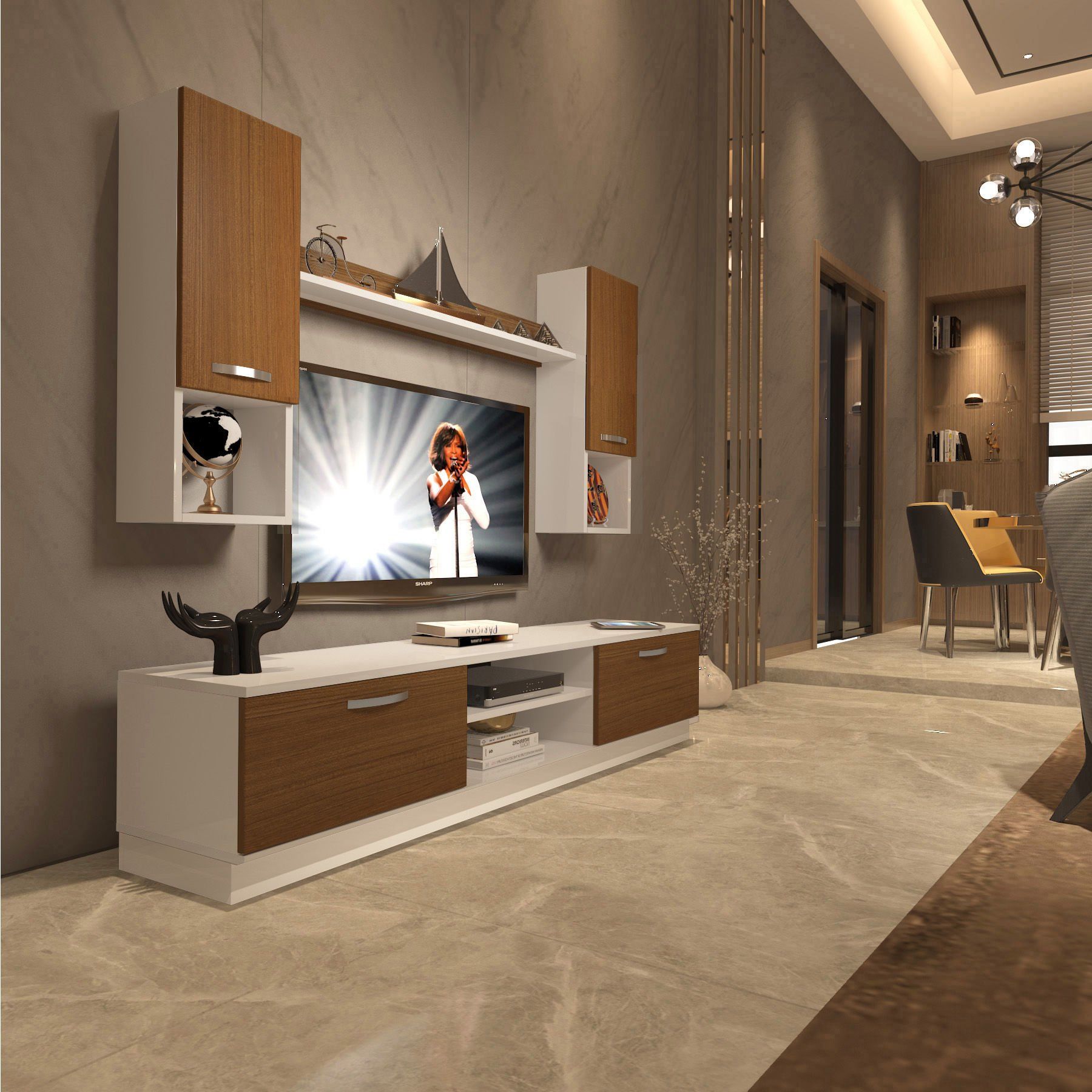 Decoraktiv Eko 5DAB Slm Dvd Tv Ünitesi Tv Sehpası Beyaz - Ceviz