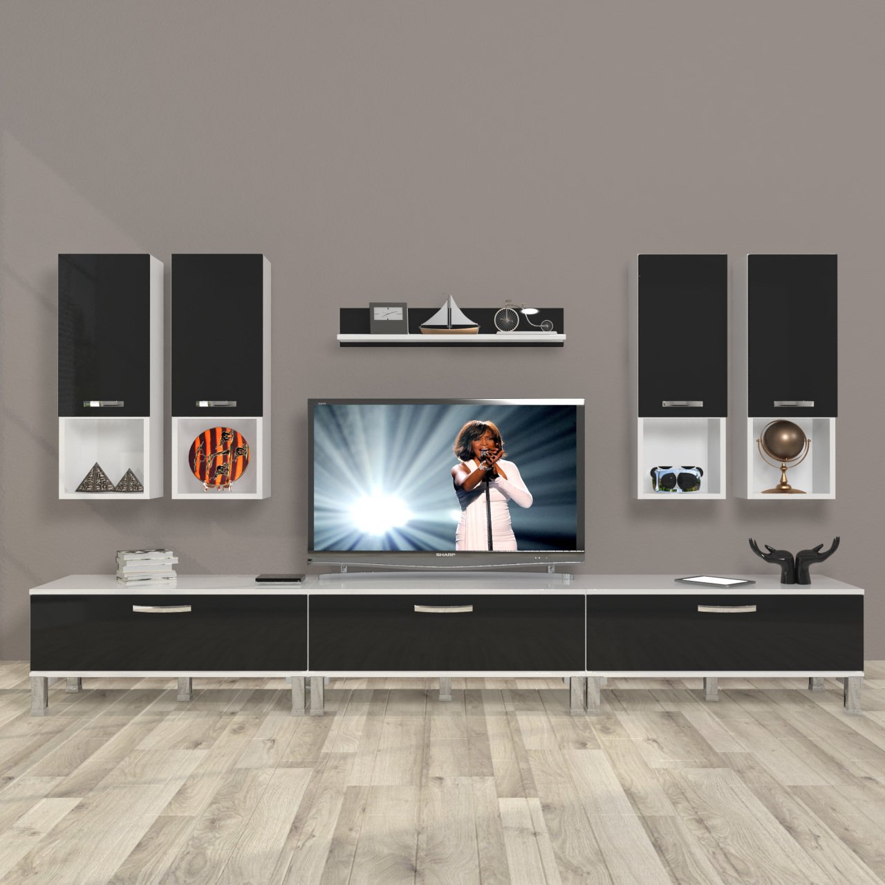 Decoraktiv Eko 8DA Slm Krom Ayaklı Tv Ünitesi Tv Sehpası Beyaz - Siyah