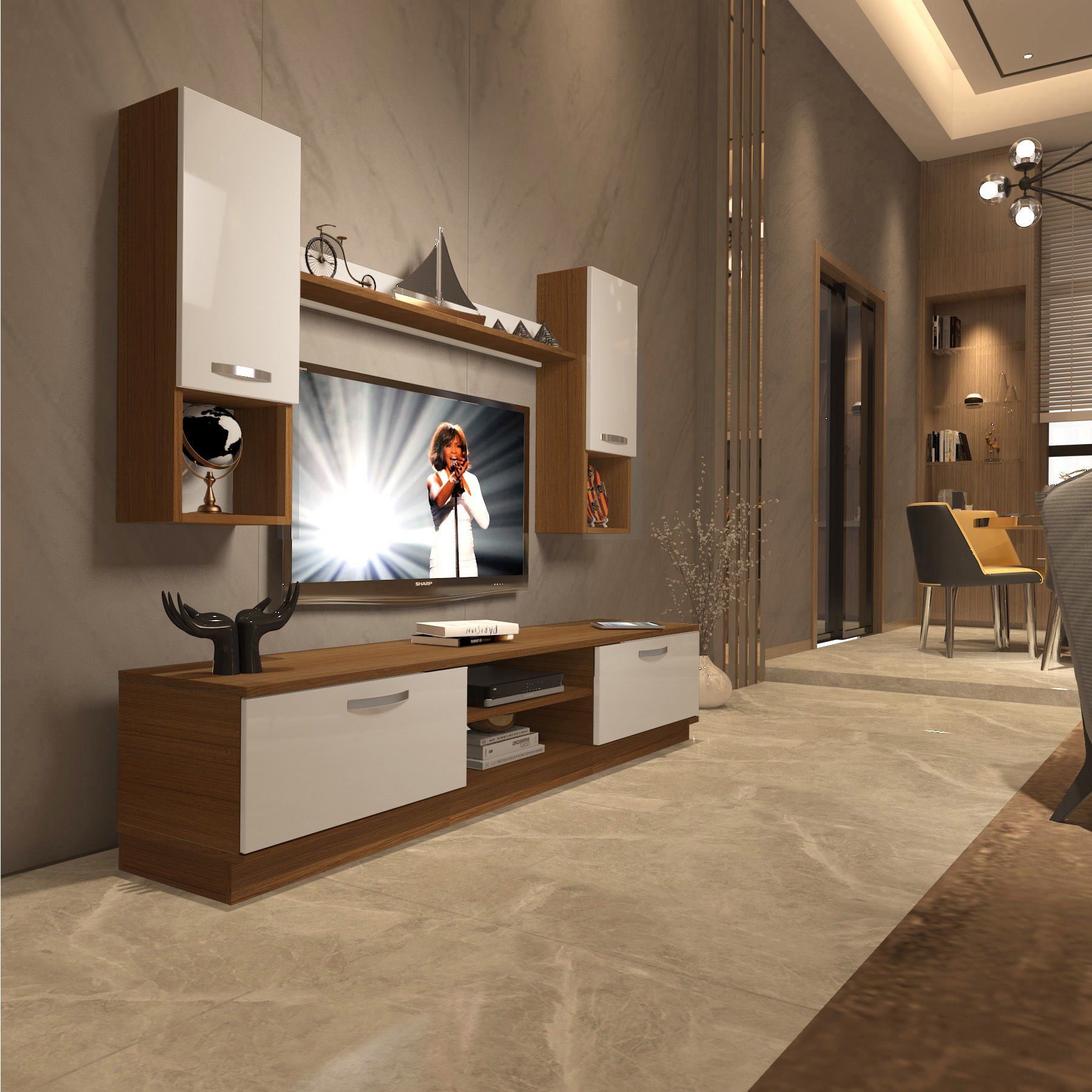 Decoraktiv Eko 5DAB Slm Dvd Tv Ünitesi Tv Sehpası Ceviz - Beyaz