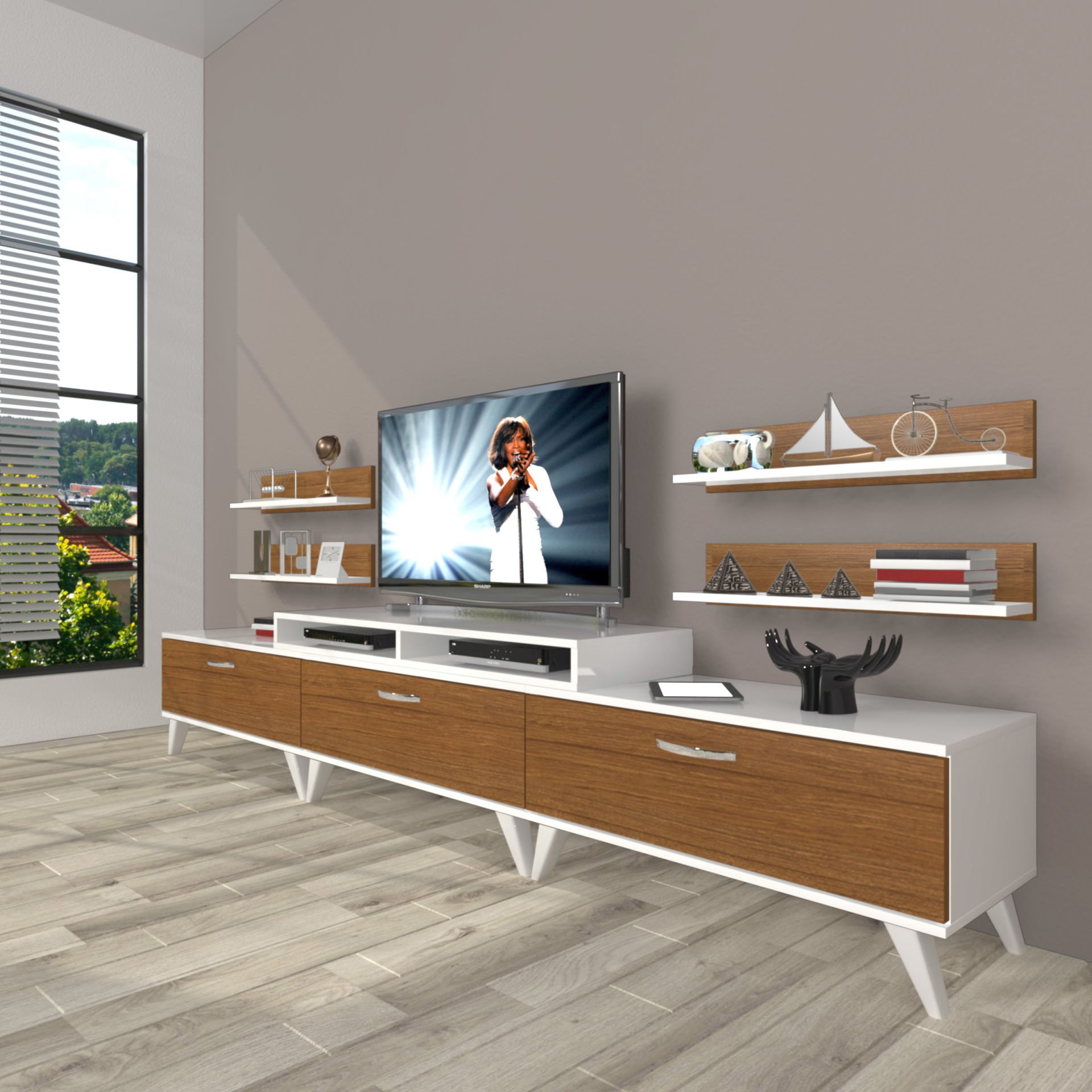 Decoraktiv Ekoflex 270r Slm Retro Tv Ünitesi Tv Sehpası Beyaz - Ceviz