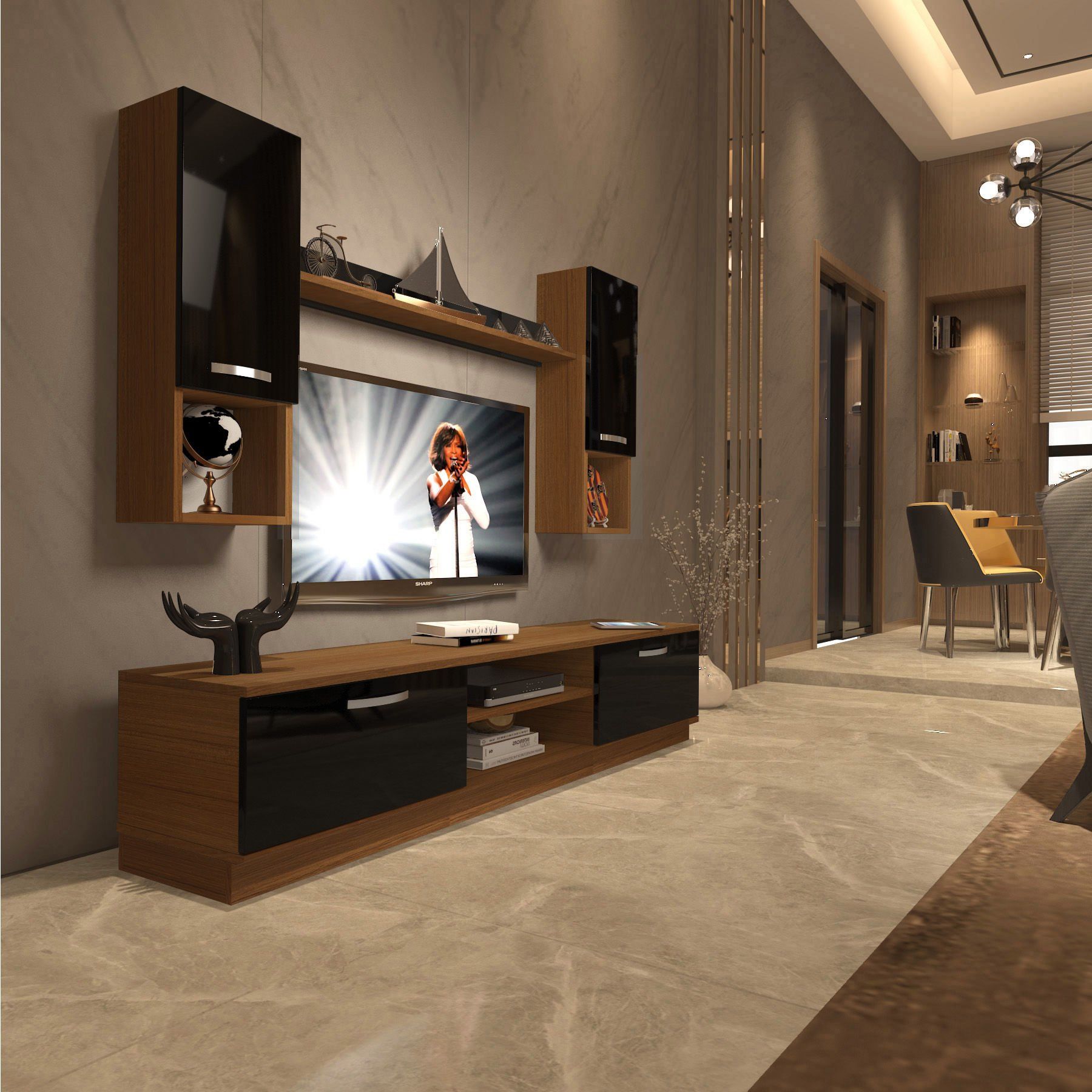 Decoraktiv Eko 5DAB Slm Dvd Tv Ünitesi Tv Sehpası Ceviz - Siyah