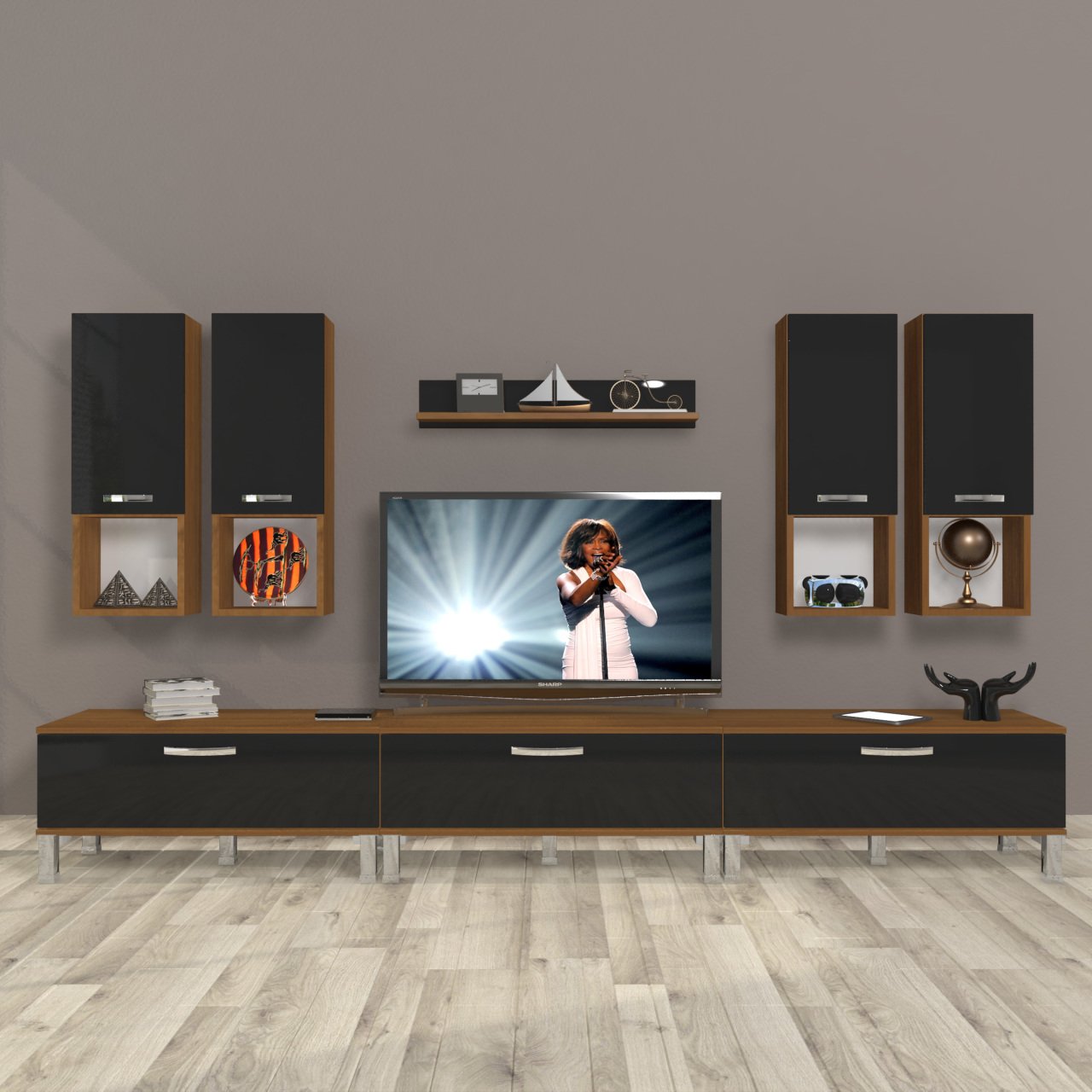 Decoraktiv Eko 8DA Slm Krom Ayaklı Tv Ünitesi Tv Sehpası Ceviz - Siyah