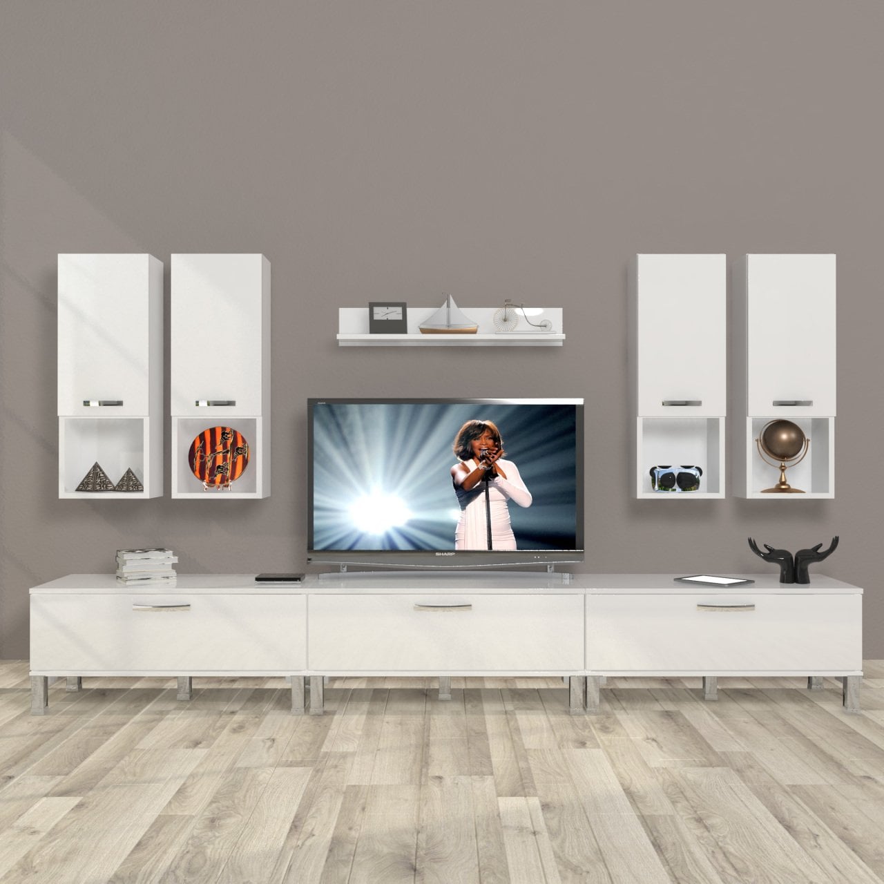 Decoraktiv Eko 8DA Slm Krom Ayaklı Tv Ünitesi Tv Sehpası Parlak Beyaz