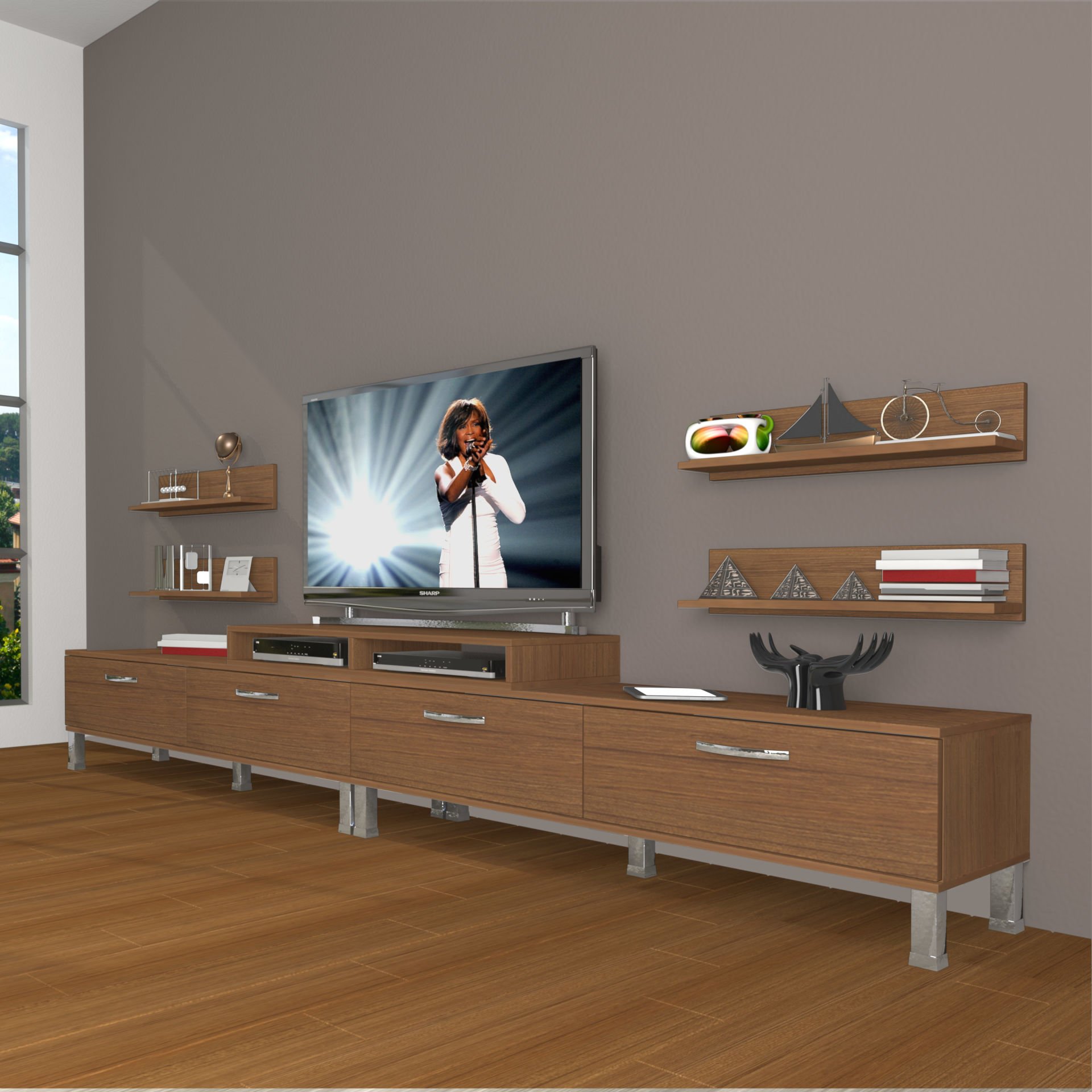 Decoraktiv Ekoflex 360R Slm Krom Ayaklı Tv Ünitesi Tv Sehpası Ceviz