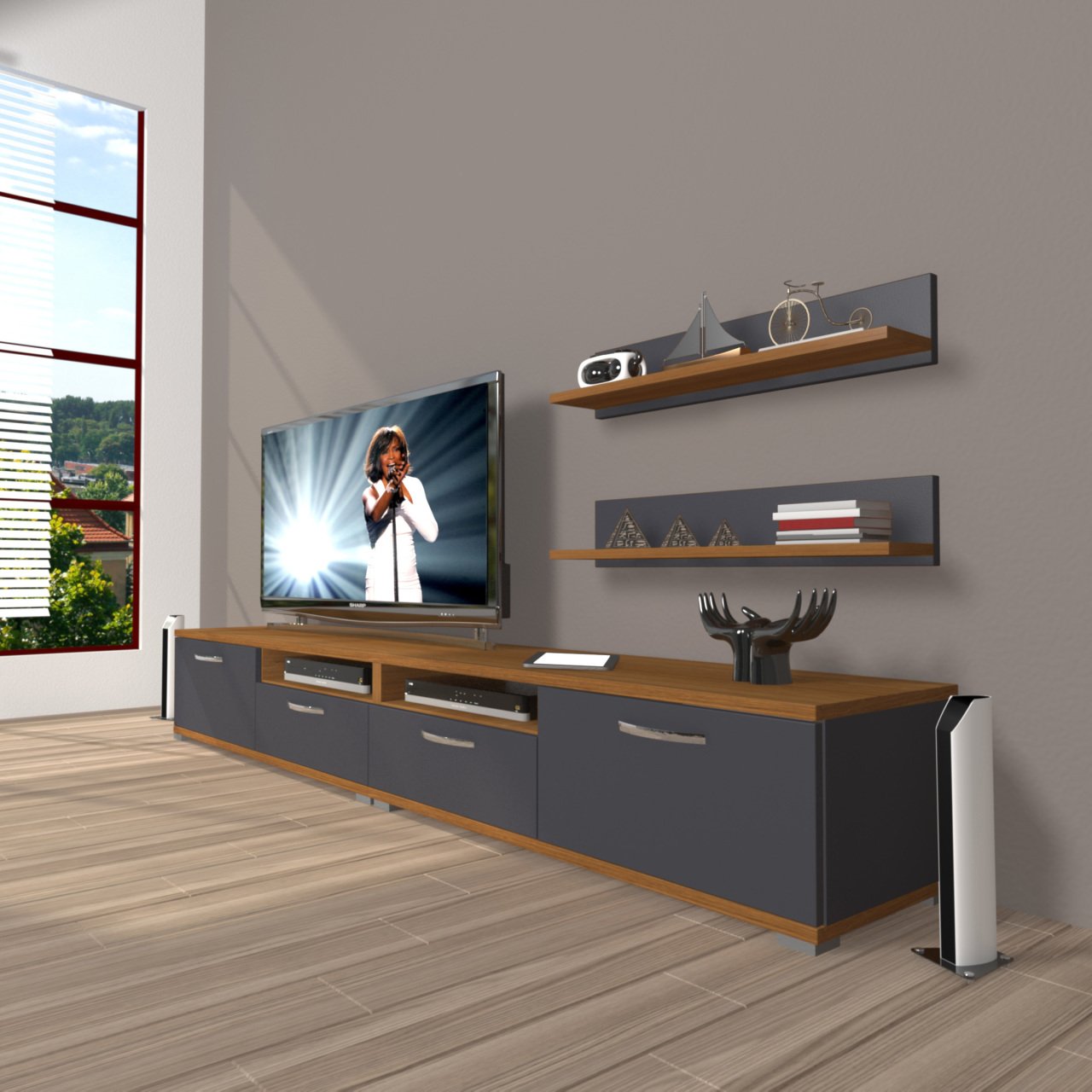 Decoraktiv Eko 200r Mdf Tv Ünitesi Tv Sehpası Ceviz - Antrasit