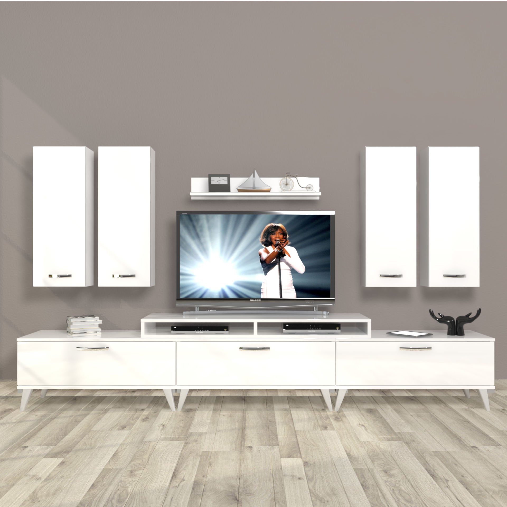 Decoraktiv Ekoflex 8D Slm Retro Tv Ünitesi Tv Sehpası Parlak Beyaz