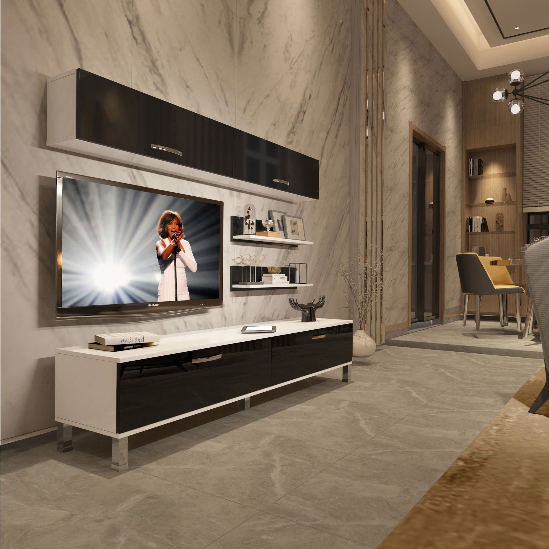 Decoraktiv Eko 5 Slm Std Krom Ayaklı Tv Ünitesi Tv Sehpası Beyaz - Siyah