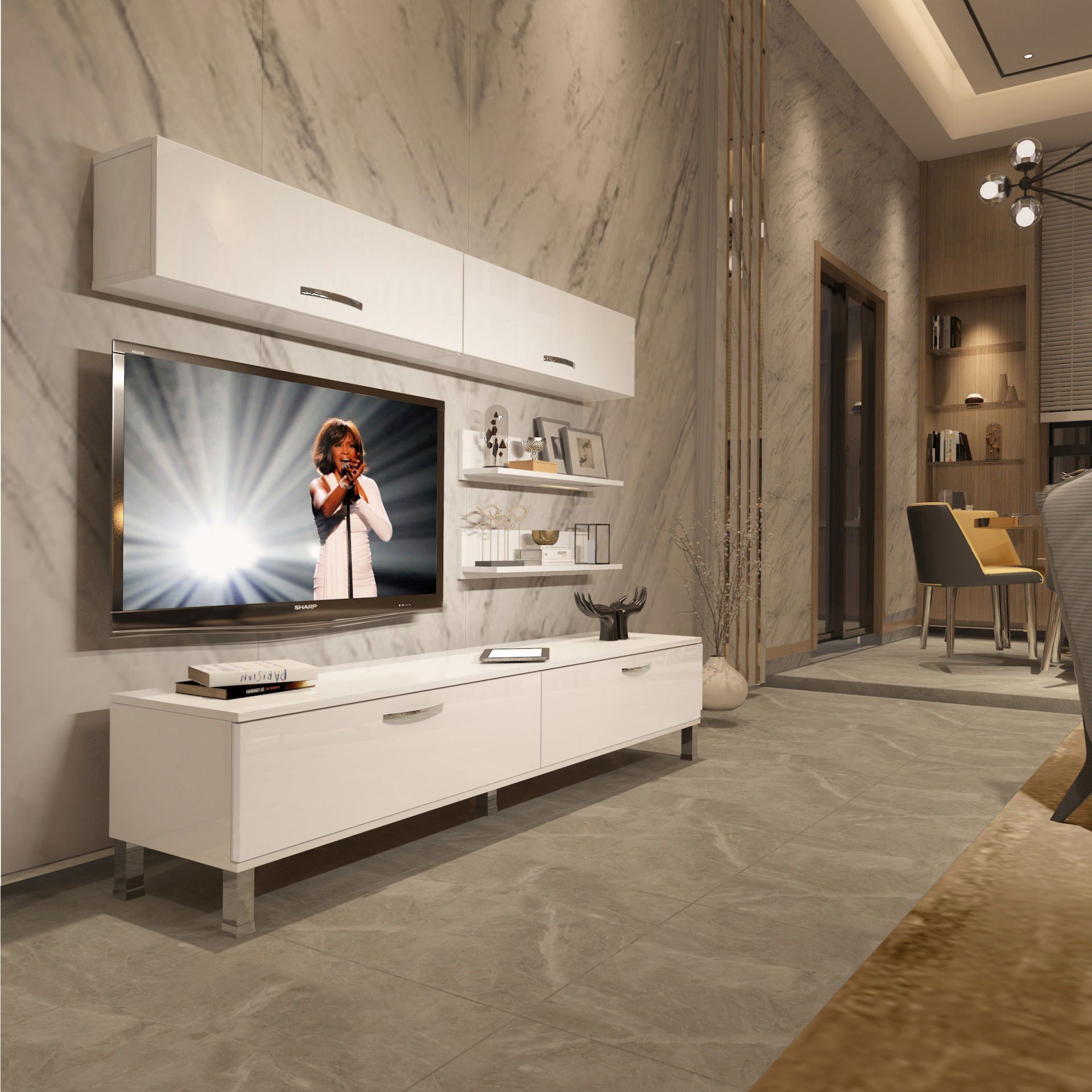 Decoraktiv Eko 5 Slm Std Krom Ayaklı Tv Ünitesi Tv Sehpası Parlak Beyaz