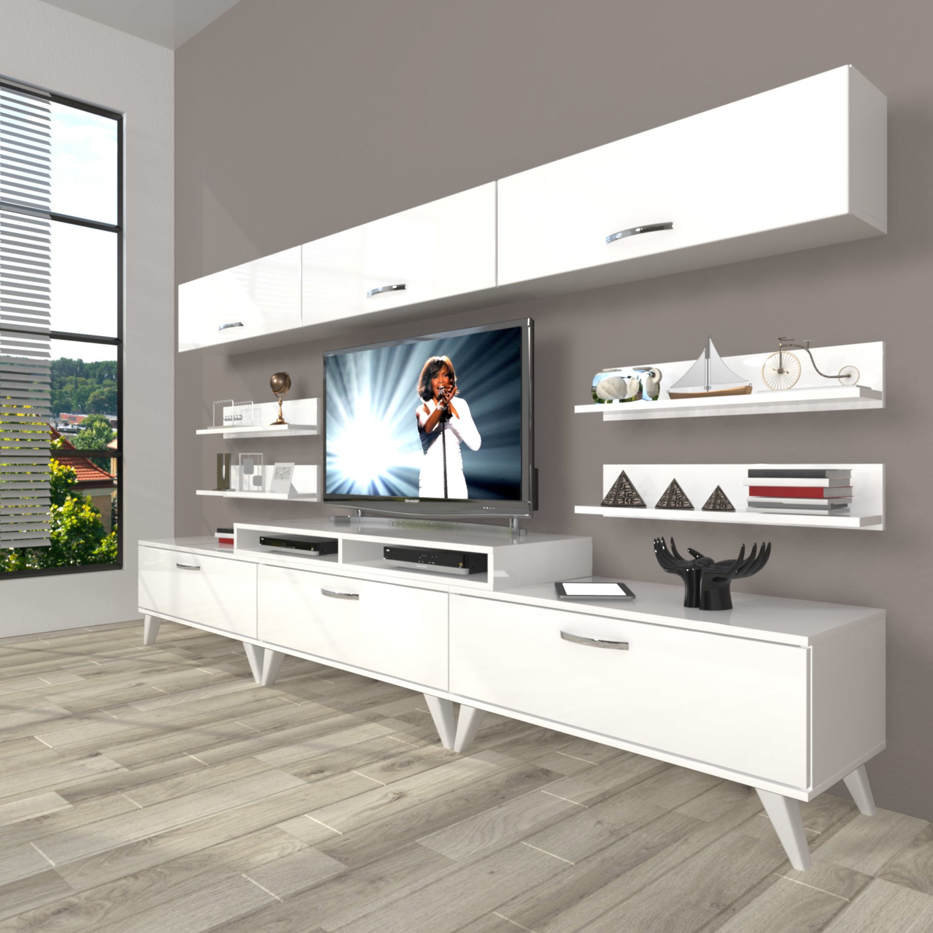 Decoraktiv Ekoflex 8Y Slm Retro Tv Ünitesi Tv Sehpası Parlak Beyaz