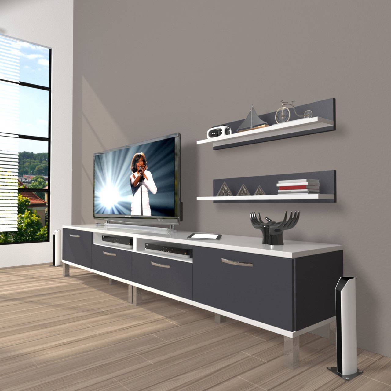 Decoraktiv Eko 200r Mdf Krom Ayaklı Tv Ünitesi Tv Sehpası Beyaz - Antrasit