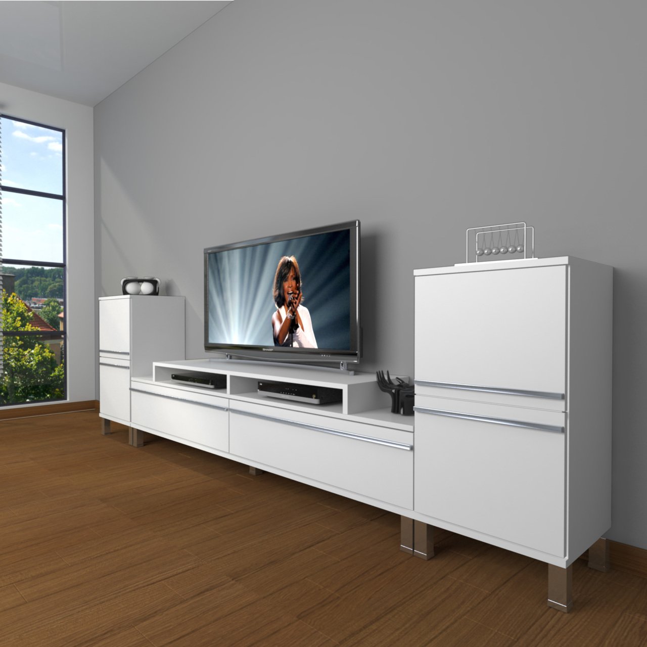 Decoraktiv Ekoflex On2 Mdf Krom Ayaklı Tv Ünitesi Tv Sehpası Parlak Beyaz