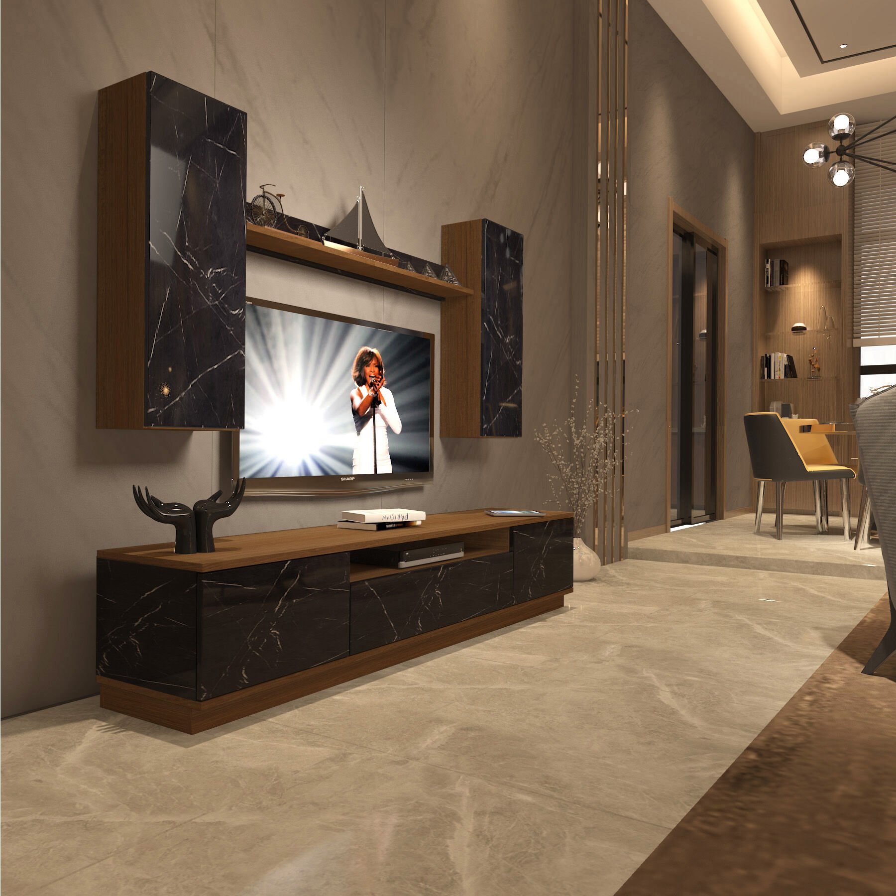 Decoraktiv Trio 5DS Mdf Tv Ünitesi Tv Sehpası Ceviz - Siyah Mermer