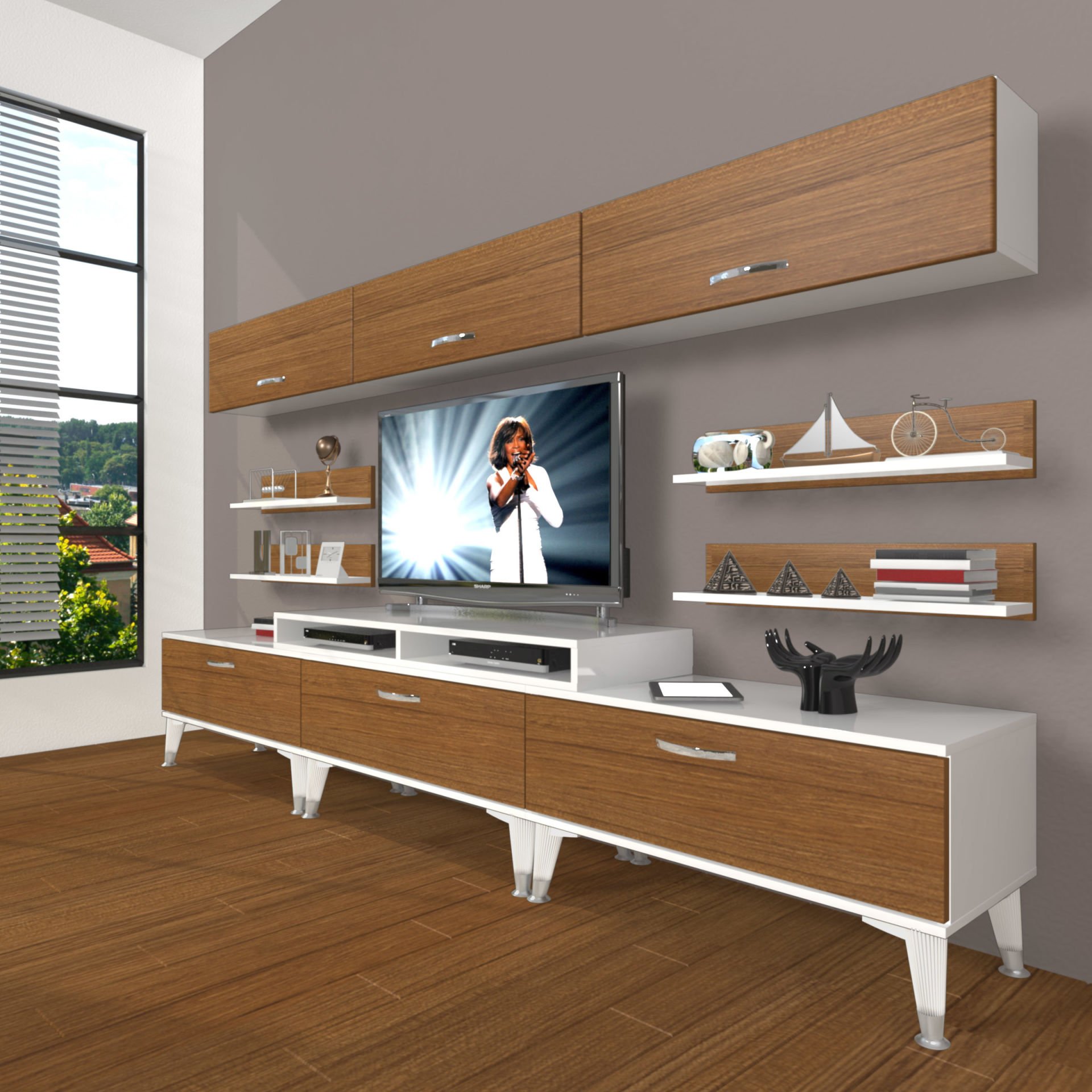 Decoraktiv Ekoflex 8Y Slm Silver Tv Ünitesi Tv Sehpası Beyaz - Ceviz