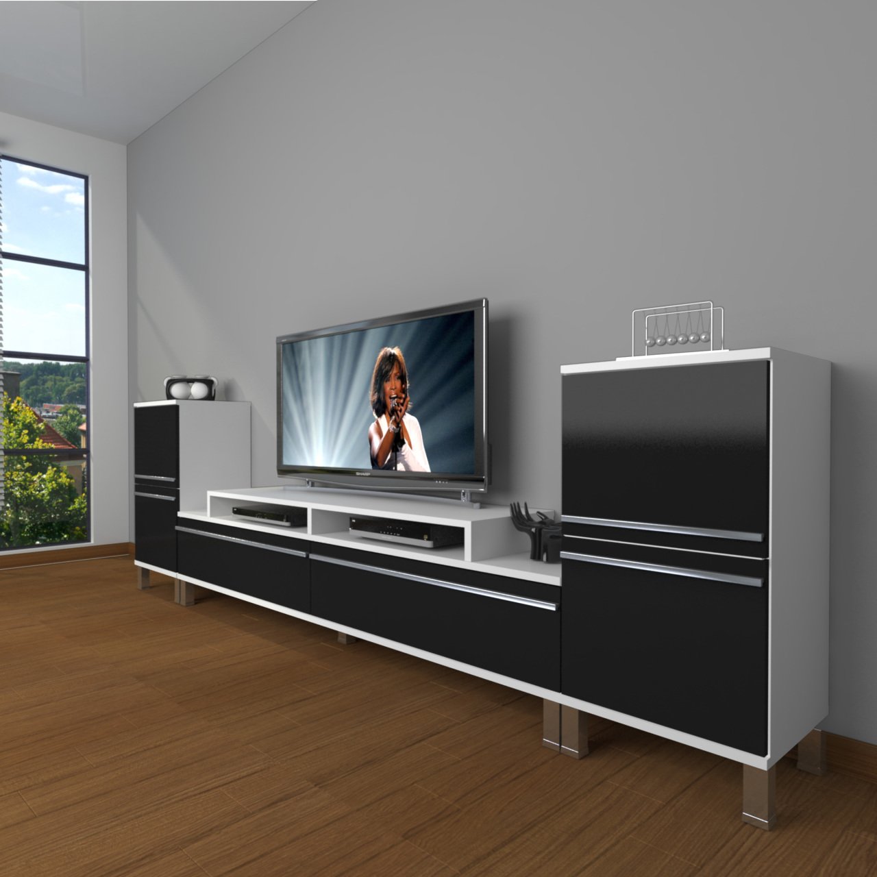 Decoraktiv Ekoflex On2 Mdf Krom Ayaklı Tv Ünitesi Tv Sehpası Beyaz - Siyah