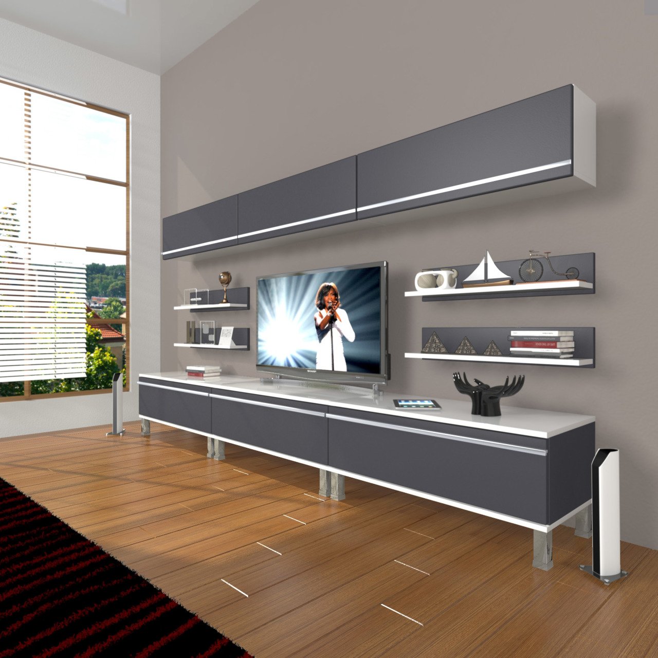Decoraktiv Eko 8Y Mdf Krom Ayaklı Tv Ünitesi Tv Sehpası Beyaz - Antrasit