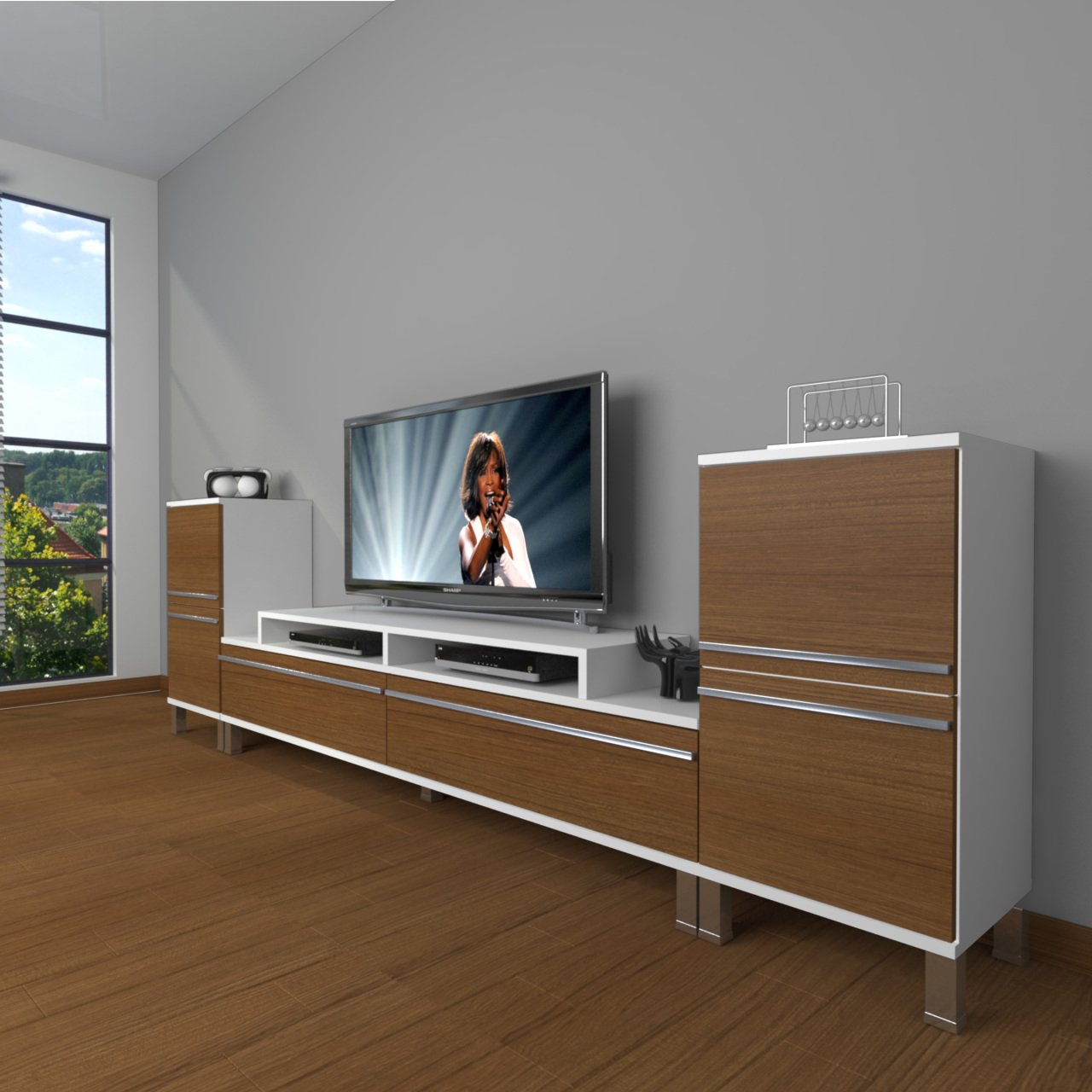 Decoraktiv Ekoflex On2 Mdf Krom Ayaklı Tv Ünitesi Tv Sehpası Beyaz - Ceviz