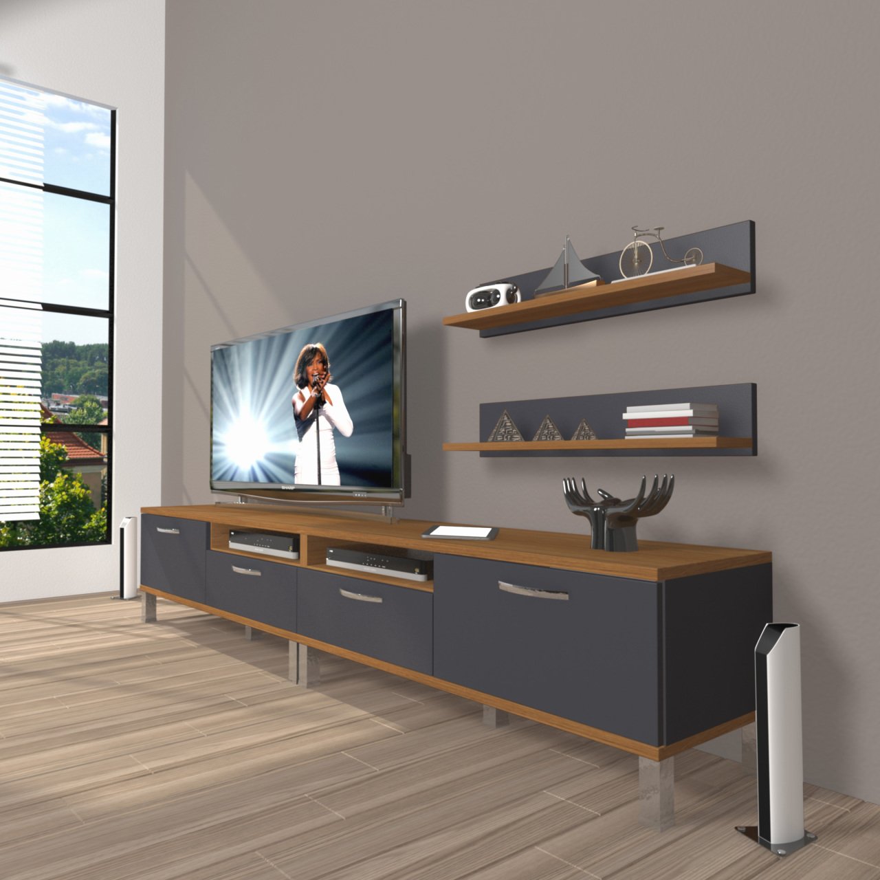 Decoraktiv Eko 200r Mdf Krom Ayaklı Tv Ünitesi Tv Sehpası Ceviz - Antrasit