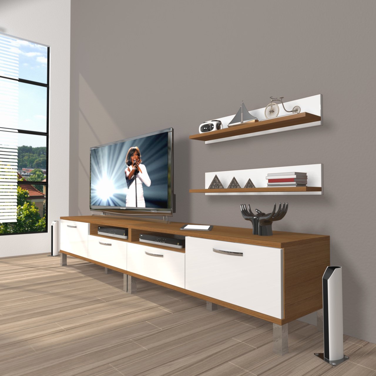 Decoraktiv Eko 200r Mdf Krom Ayaklı Tv Ünitesi Tv Sehpası Ceviz - Beyaz