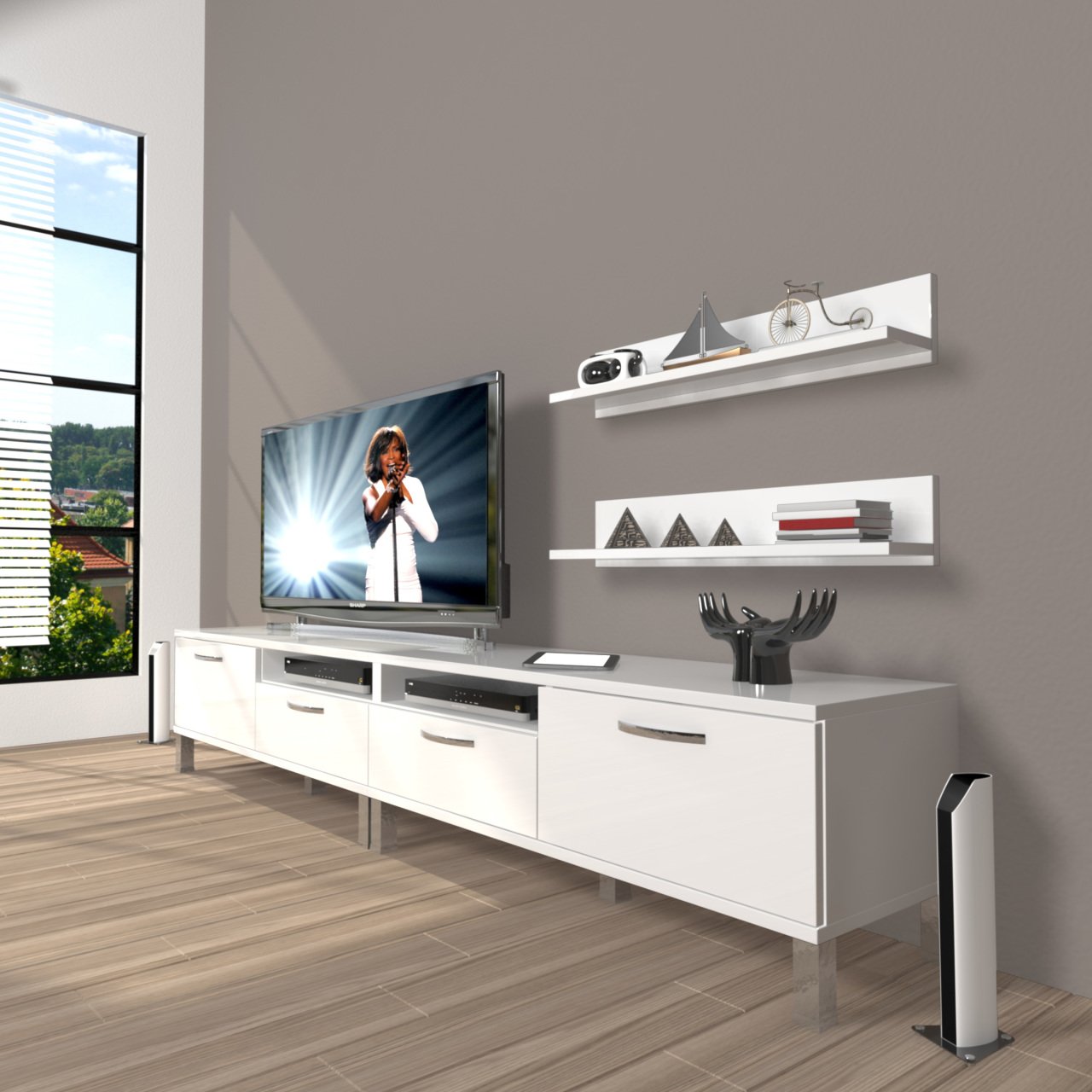 Decoraktiv Eko 200r Mdf Krom Ayaklı Tv Ünitesi Tv Sehpası Parlak Beyaz