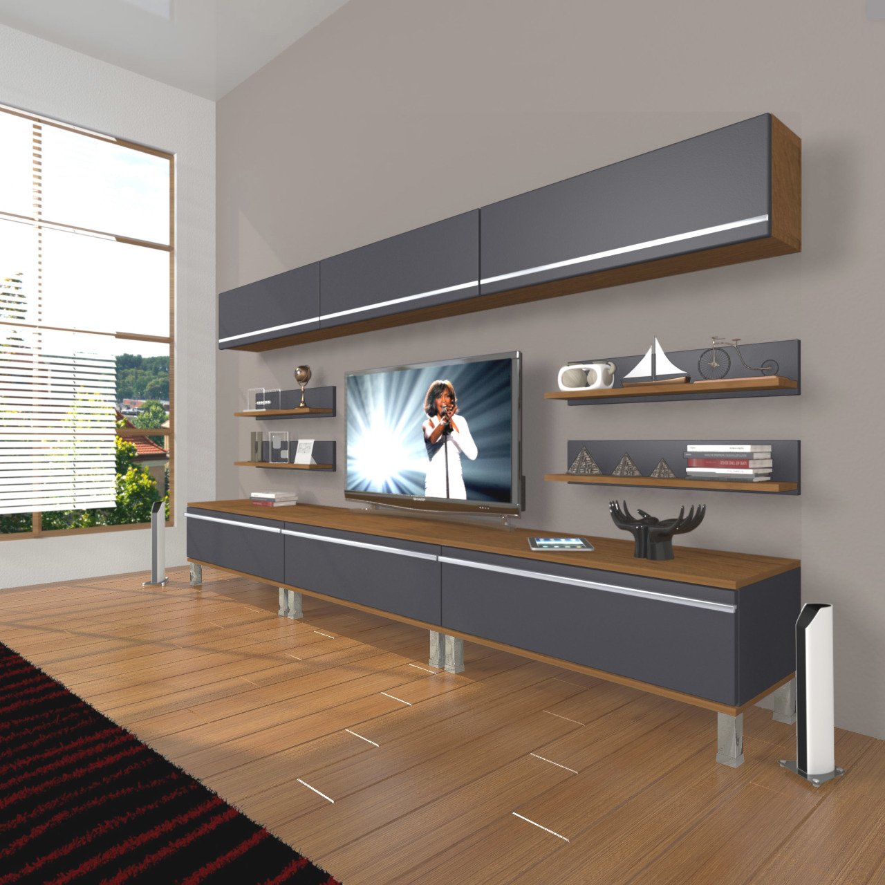 Decoraktiv Eko 8Y Mdf Krom Ayaklı Tv Ünitesi Tv Sehpası Ceviz - Antrasit
