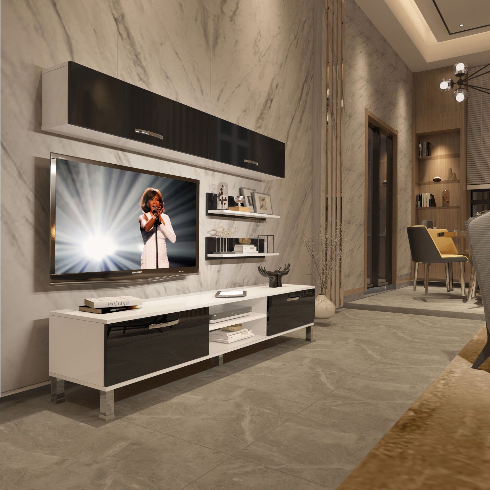 Decoraktiv Eko 5 Slm Dvd Krom Ayaklı Tv Ünitesi Tv Sehpası Beyaz - Siyah