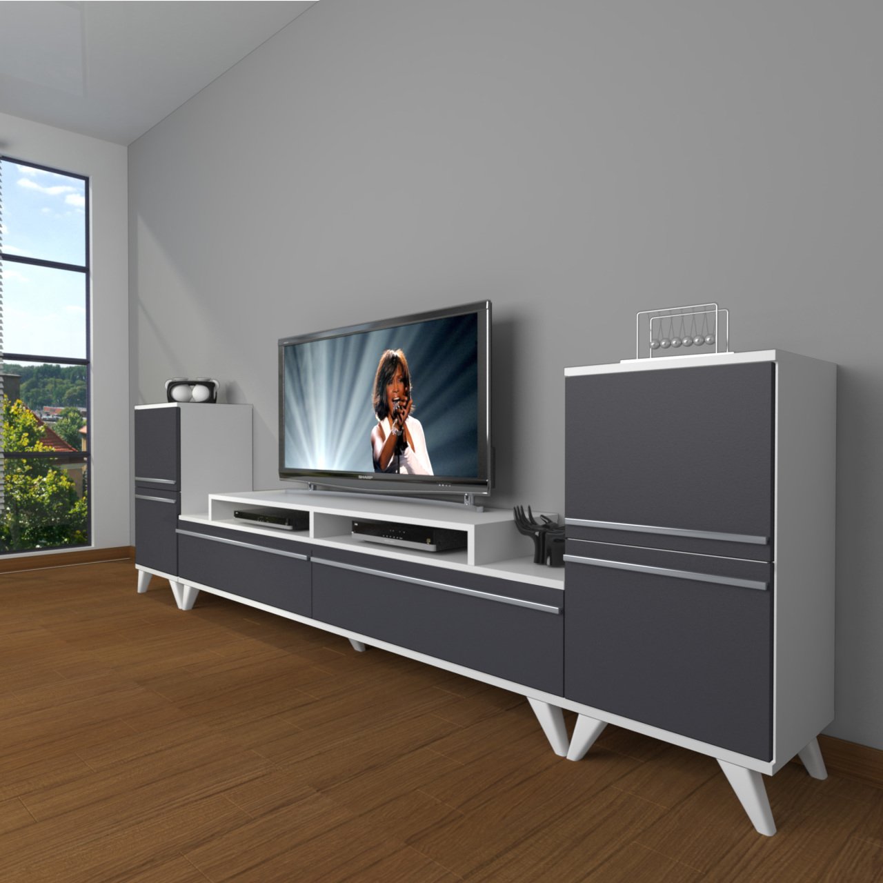Decoraktiv Ekoflex On2 Mdf Retro Tv Ünitesi Tv Sehpası Beyaz - Antrasit