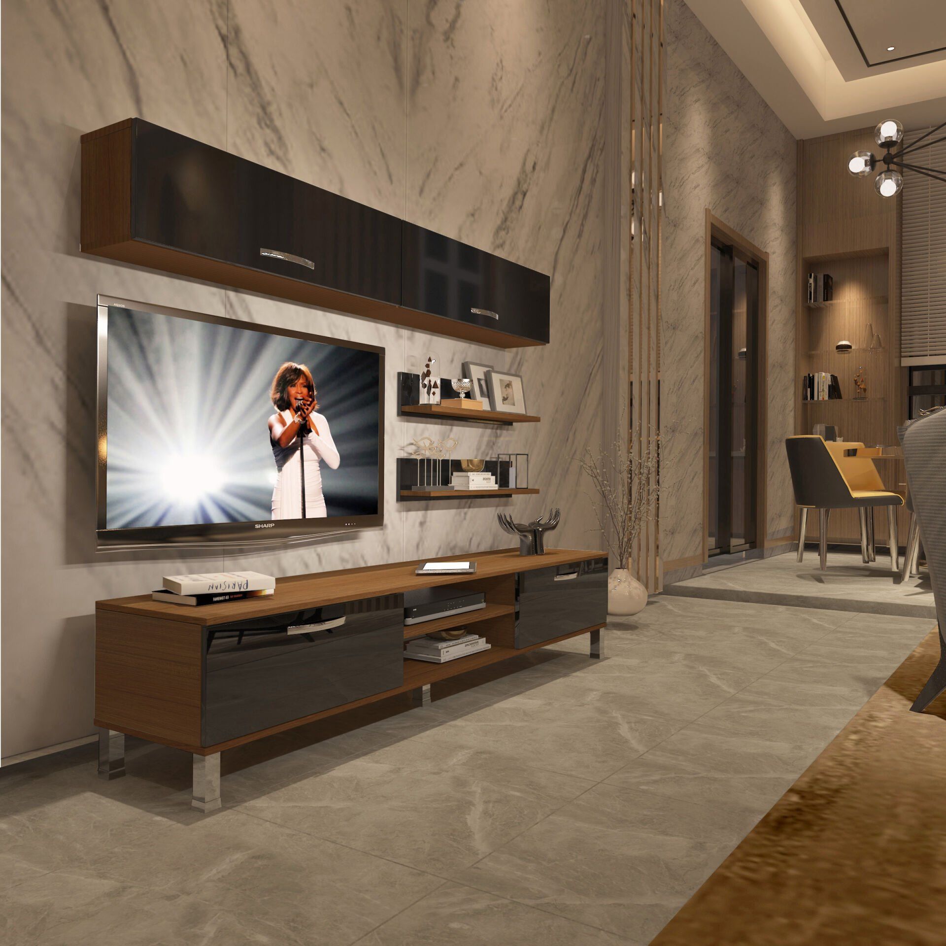 Decoraktiv Eko 5 Slm Dvd Krom Ayaklı Tv Ünitesi Tv Sehpası Ceviz - Siyah