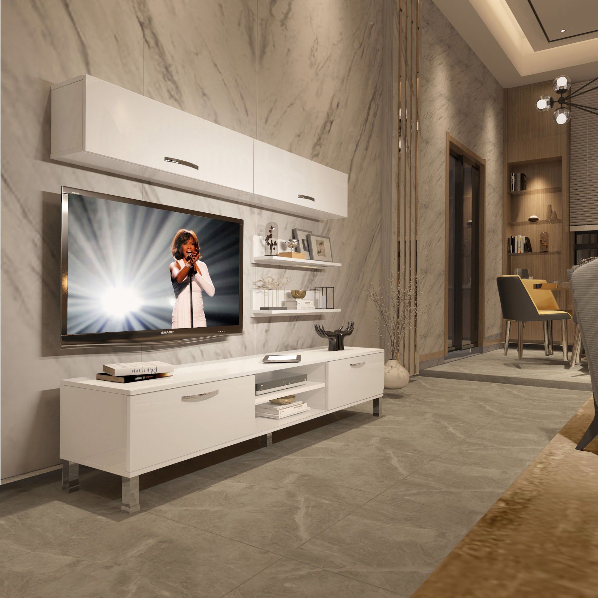 Decoraktiv Eko 5 Slm Dvd Krom Ayaklı Tv Ünitesi Tv Sehpası Parlak Beyaz